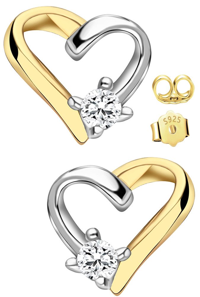Paar Ohrstecker Bicolor Ohrringe 925 Silber Herz gold für Frauen Damen Freundin
