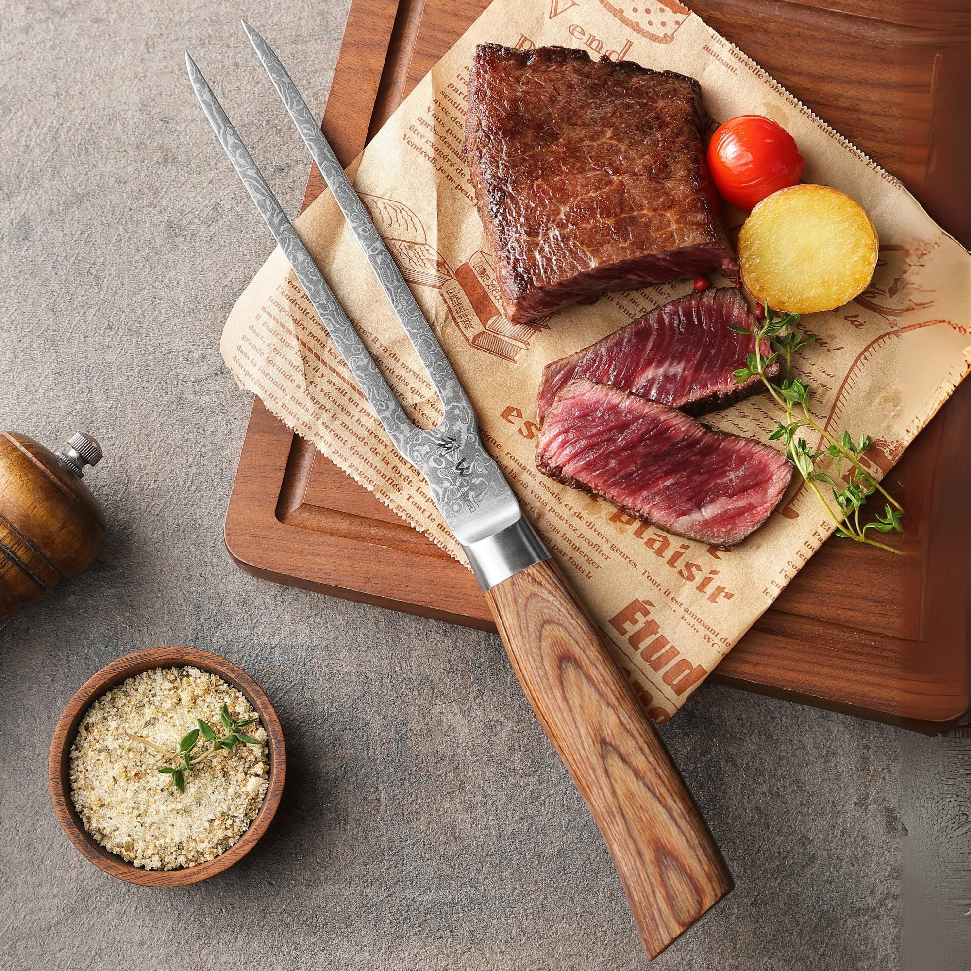 Wakoli Tranchiergabel Edib Pro Damast Tranchiergabel I Serviergabel Grillgabel I 18cm Klinge, 67 Lagen Damaststahl, VG-10 Stahlkern