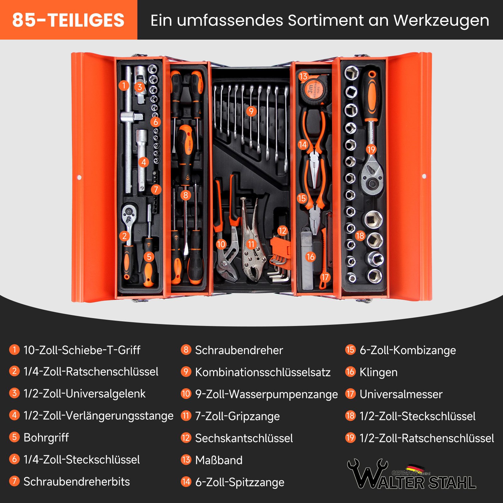 Walter Stahl Germany control Werkzeugset 85-tlg. Werkzeugkoffer, Steckschlüsselsatz, (Set, 85-tlg., 85-tlg Werkzeugkoffer), 1/2"&1/4" STECKSCHLÜSSEL