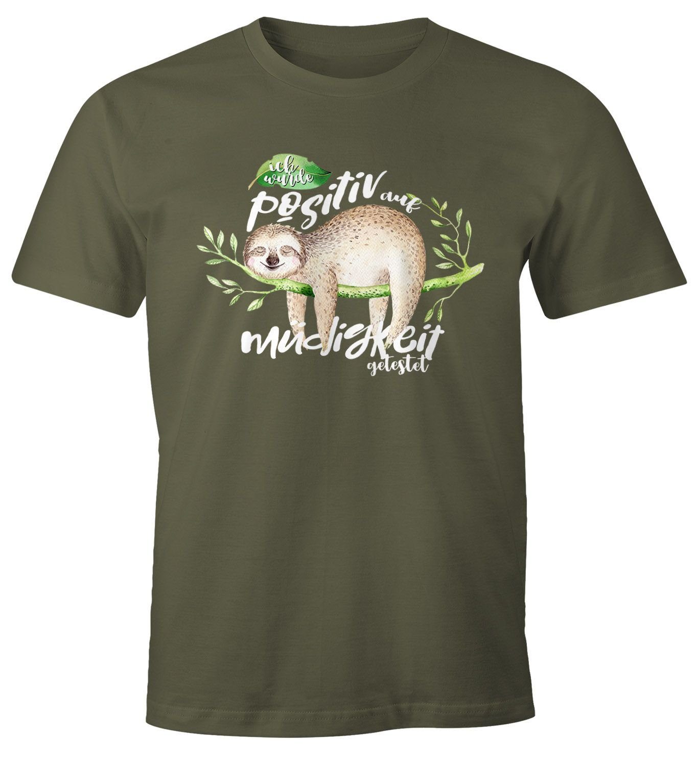 MoonWorks Print-Shirt Herren T-Shirt Faultier Ich wurde positiv auf Müdigkeit getestet Sloth Fun-Shirt lustig Faulenzer Langschläfer Moonworks® mit Print grün
