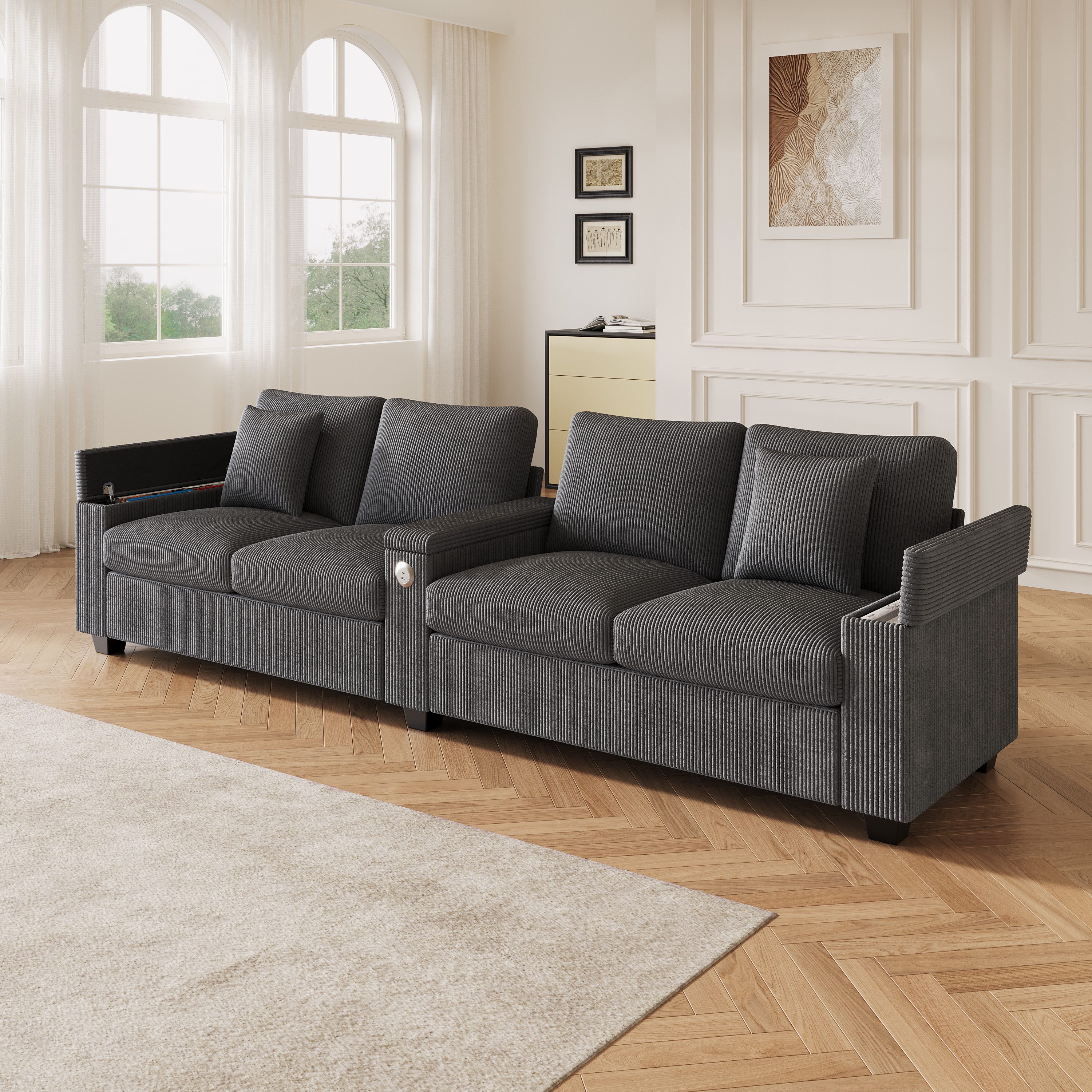 Merax 4-Sitzer Cord Sofa mit USB & USB-C, 1 Teile, Cordsofa mit 2 Zierkissen, klappbarer Mittelarmlehne & Stauraum