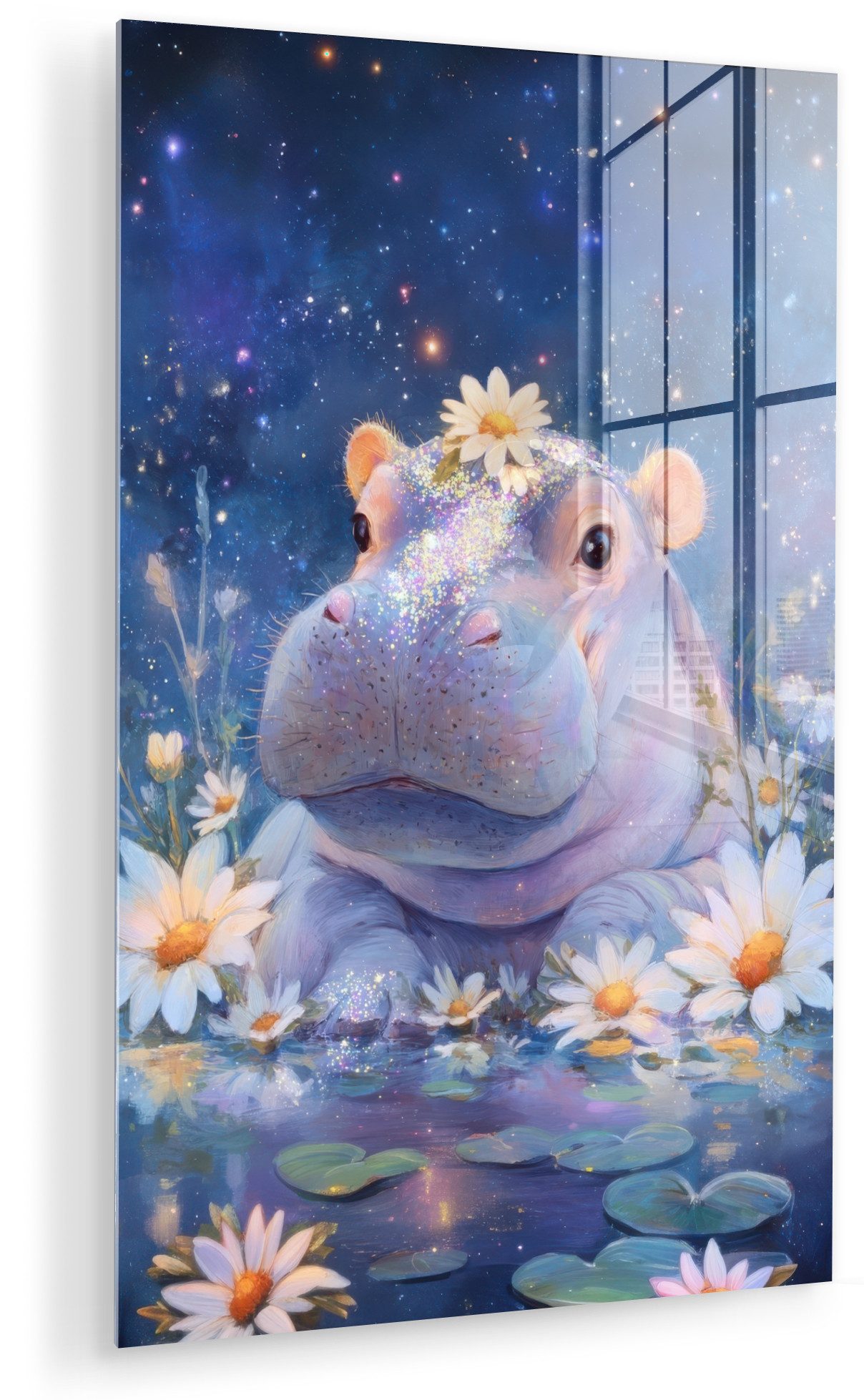 MuchoWow Acrylglasbild Nilpferd - Gänseblümchen - Sternenhimmel, Inkl. Aufhängung, Dekorative Bild für Küche & Wohnzimmer auf Glas, 20x30 cm