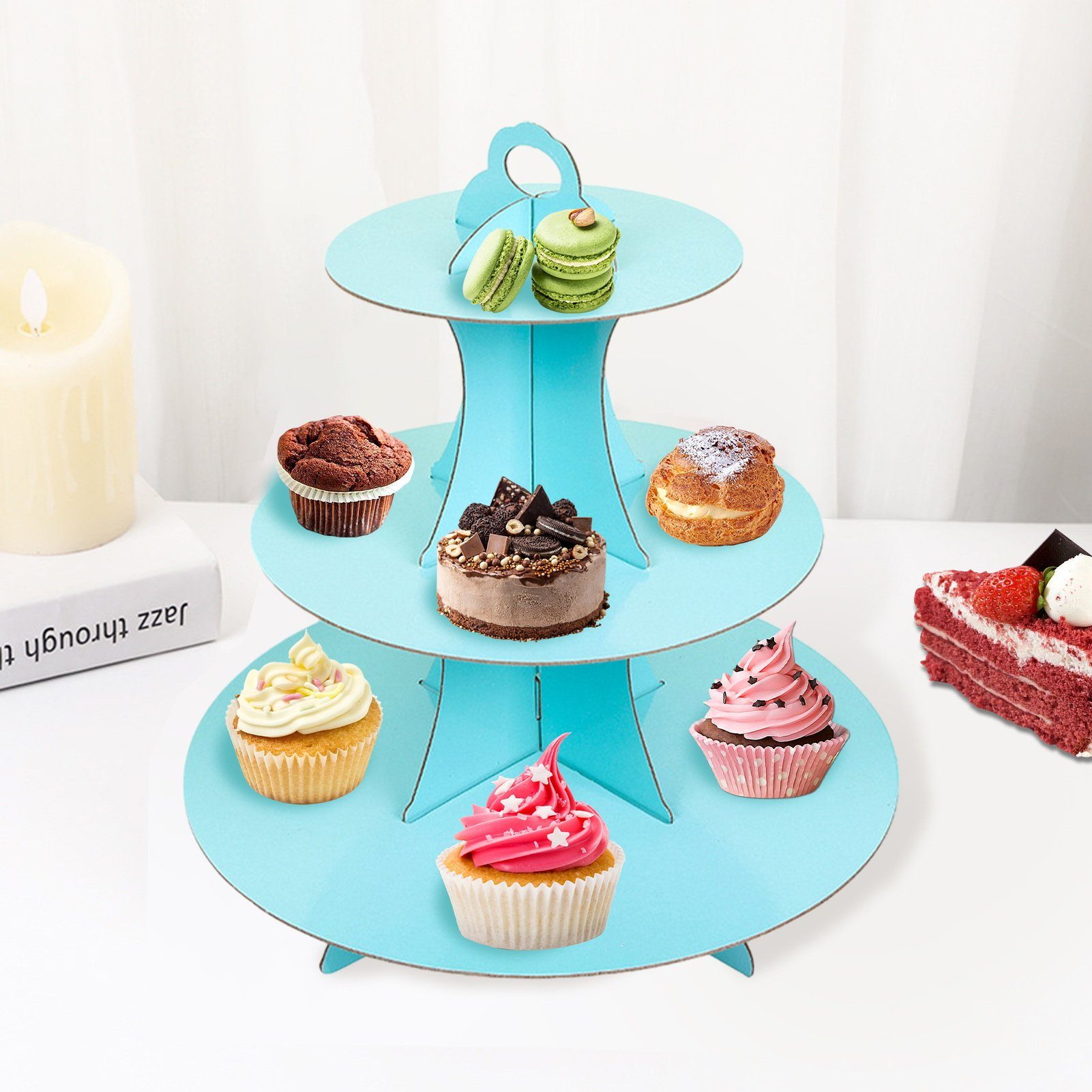 Rutaqian Kuchenteller Tortenständer mit drei Etagen Geburtstagsfeier Kuchenstand, (1 St), Dessertteller Cupcake-Tablett Haushaltsprodukte Blau | Kuchenteller
