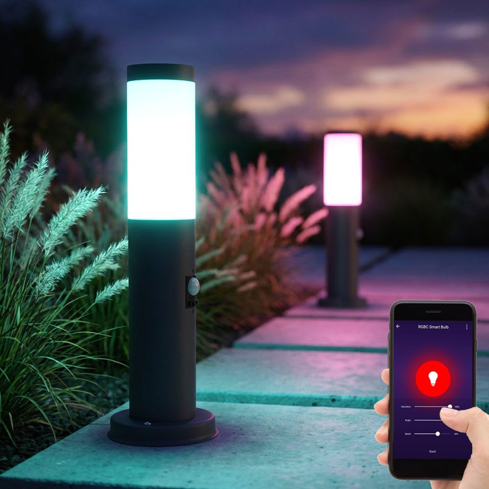 GLOBO LIGHTING LED Wandstrahler, Leuchtmittel inklusive, Kaltweiß, Warmweiß, Neutralweiß, Tageslichtweiß, Farbwechsel, 2er Set Smart Außen Steh Leuchte SENSOR Edelstahl Hof Sockel