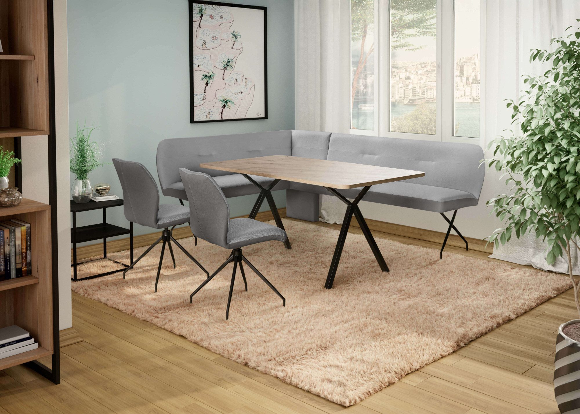 Home affaire Eckbankgruppe Gabi Essecke, Sitzgruppe, Eckbankgruppe, Küchenbankgruppe, (Set, 4-tlg., 4tlg), Stuhl: 360° drehbar (Rückst), 2-Stoff-Design. Wellenfederung Eckbank