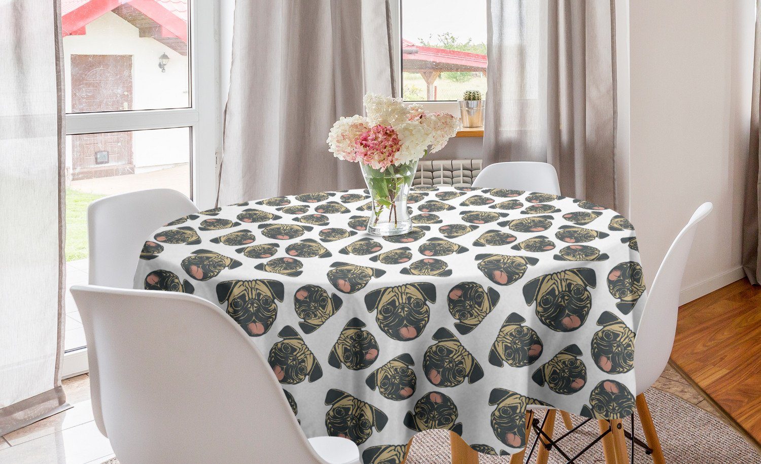 Dekoration, für Tischdecke Mops Abakuhaus Küche Abdeckung Kreis Grunge-Effekt Hunde Esszimmer Tischdecke Heiter