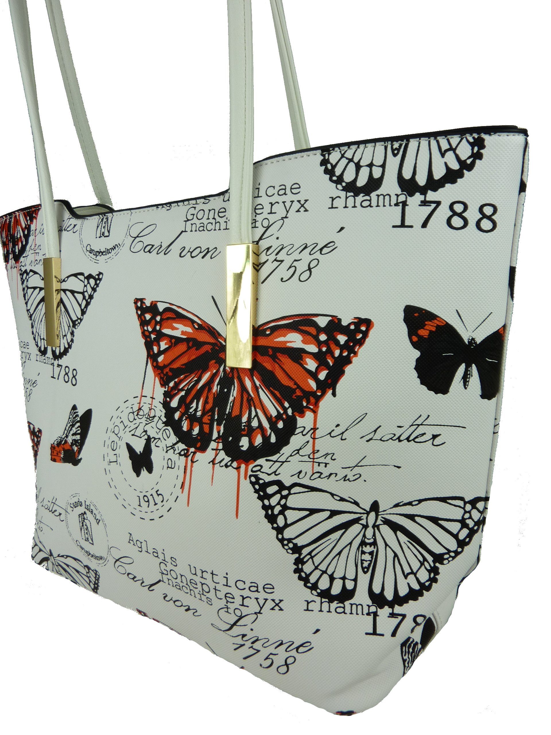 Taschen4life Henkeltasche Motive, Damen im Butterfly Shopper Sommertasche Stil, lange retro 1803, große Henkel Vintage mehrfarbig orange Schmetterling