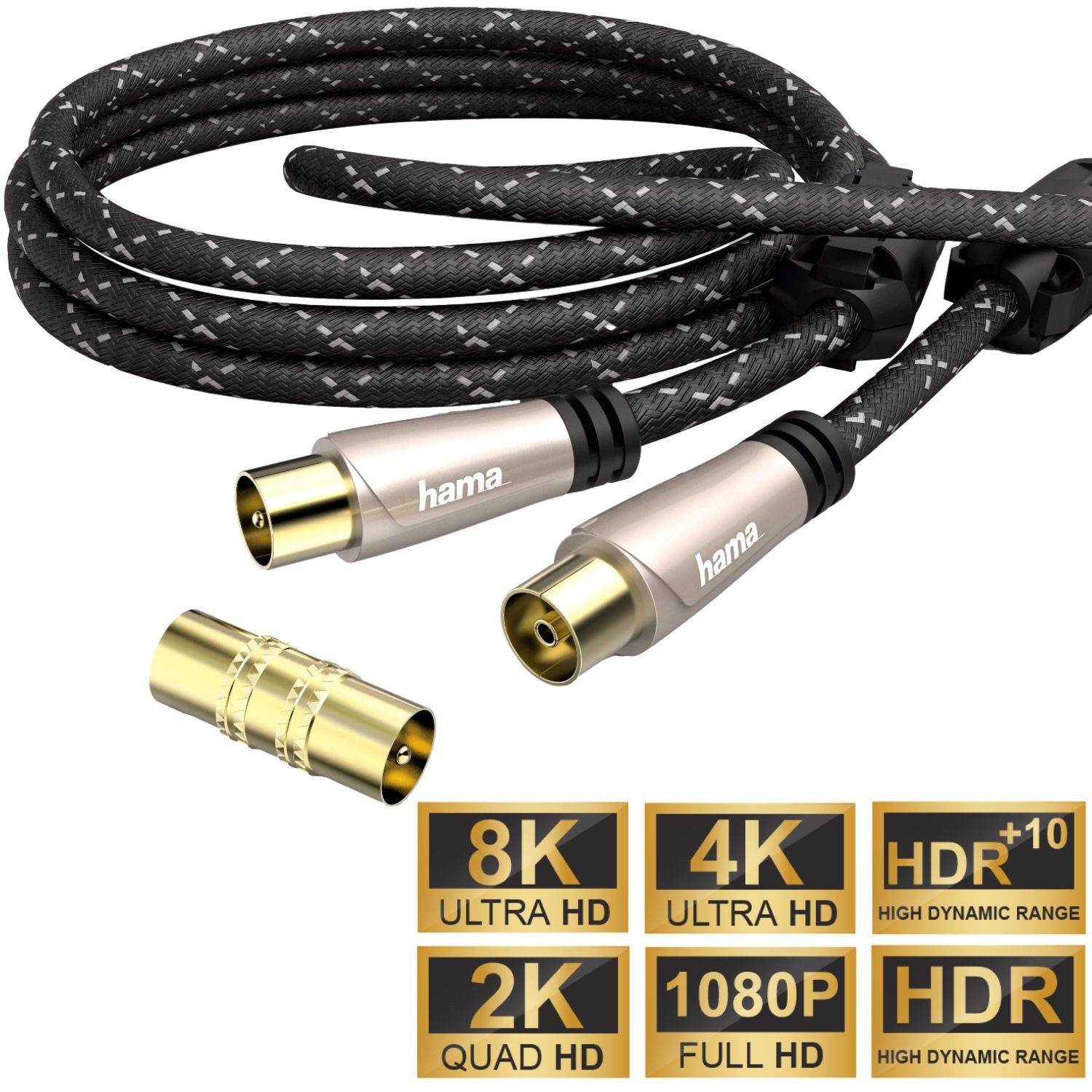 Hama HQ 1,5m Antennen-Kabel 120db Koaxial-Kabel Braun Video-Kabel, Koaxial, Koaxial (150 cm), Koax-Kabel Full HD TV 8K 4K UHD HD+ HDR 120 db Ferrit-Filter