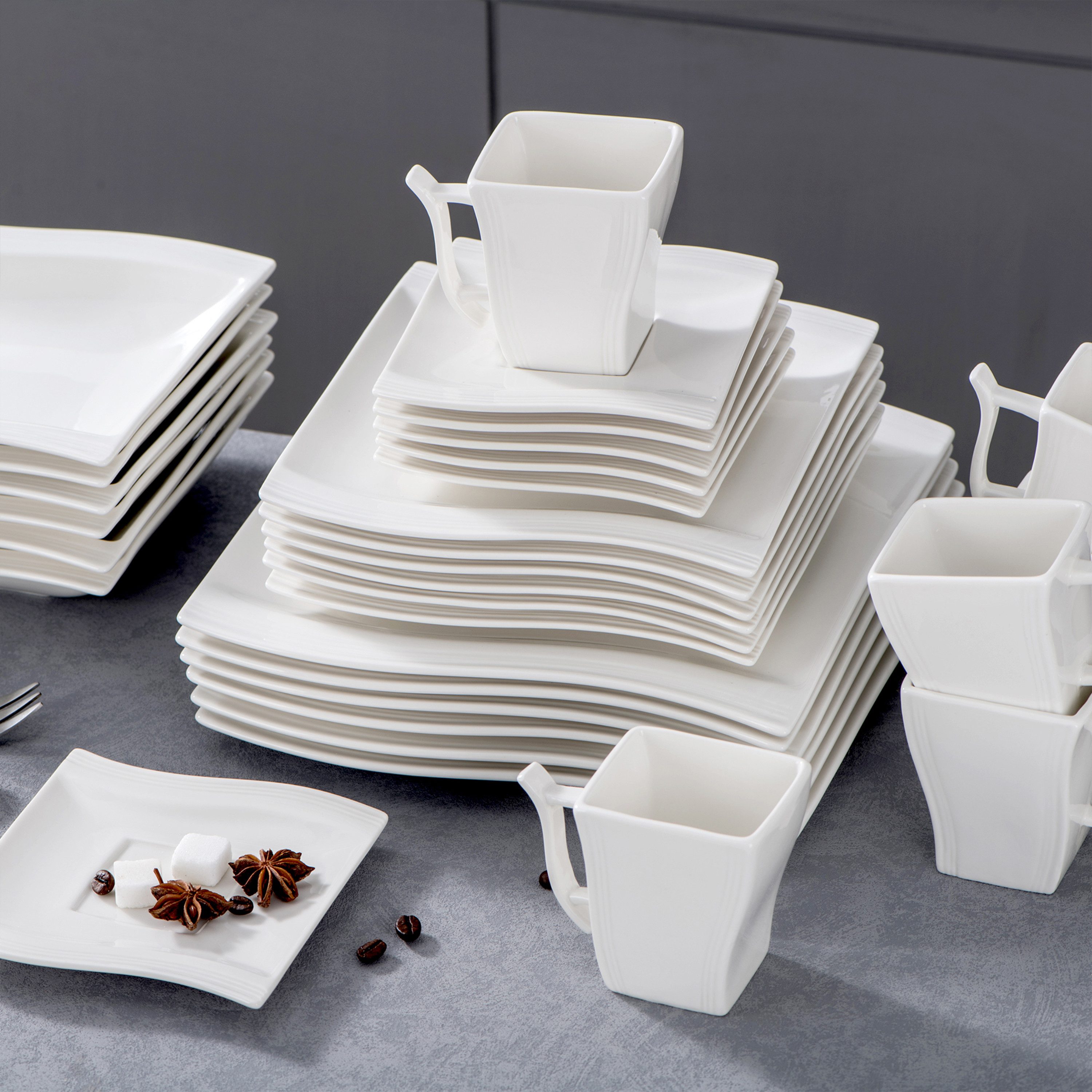 MALACASA Geschirr-Set Tafelservice FLORA für 6 Personen Marmor Geschirrset (30-tlg), 6 Personen, Porzellan