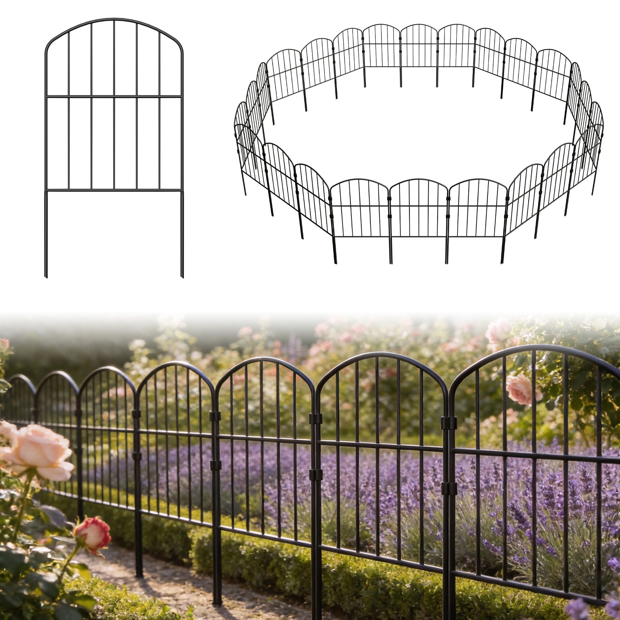 FIVMEN Gartenzaun Tierbarriere Zaun aus Metall Dekorativer Hundezaun Outdoor Tier, (3,2 m (10 Stück) / 8 m (25 Stück), Barriere für Tierbarriere Balkon, Teichzaun 62 x 32cm (Gewölbt)