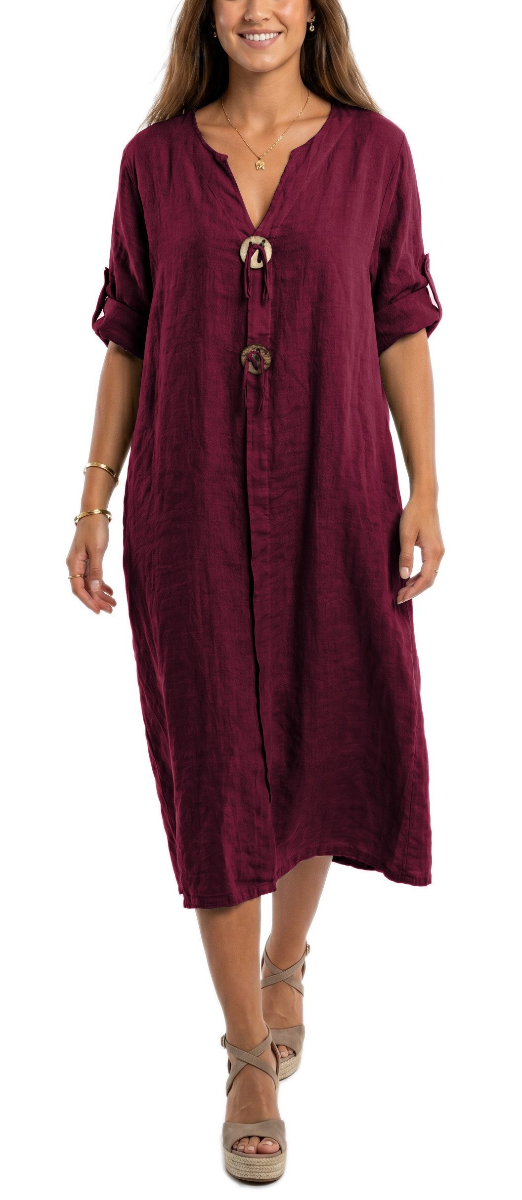 dy_mode Hemdblusenkleid Damen Leinenkleid Midi Hemdblusenkleid mit V-Ausschnitt Freizeitkleid in Unifarbe, V-Ausschnitt, mit seitlichen Eingriffstaschen