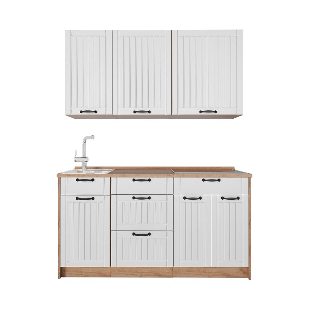 Vicco Küchenzeile Fame-Line, Weiß Landhaus/Goldkraft Eiche, 150 cm, AP Eiche