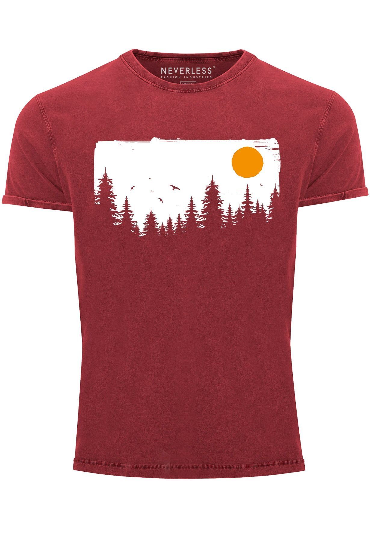 Neverless Print-Shirt Herren Vintage Shirt Wald Bäume Outdoor Adventure Abenteuer Natur-Lieb mit Print rot