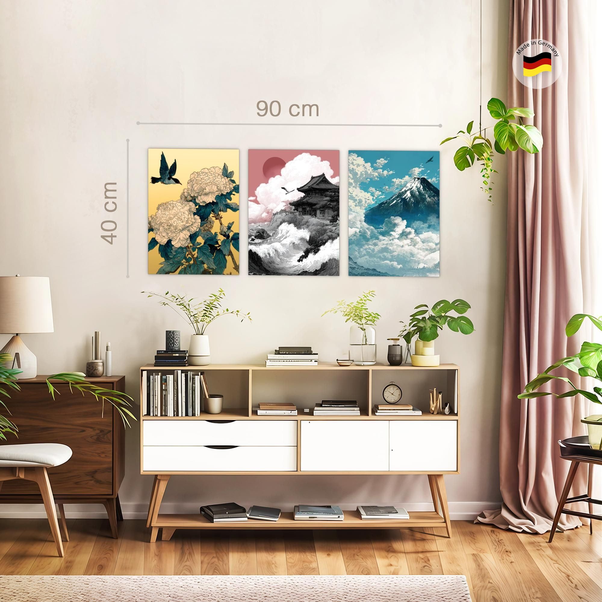 Novart Wandbild Japan Hokusai Abstrakt Wandbilder XXL Wandbild Wand Deko Bilder, Japan (3 St)