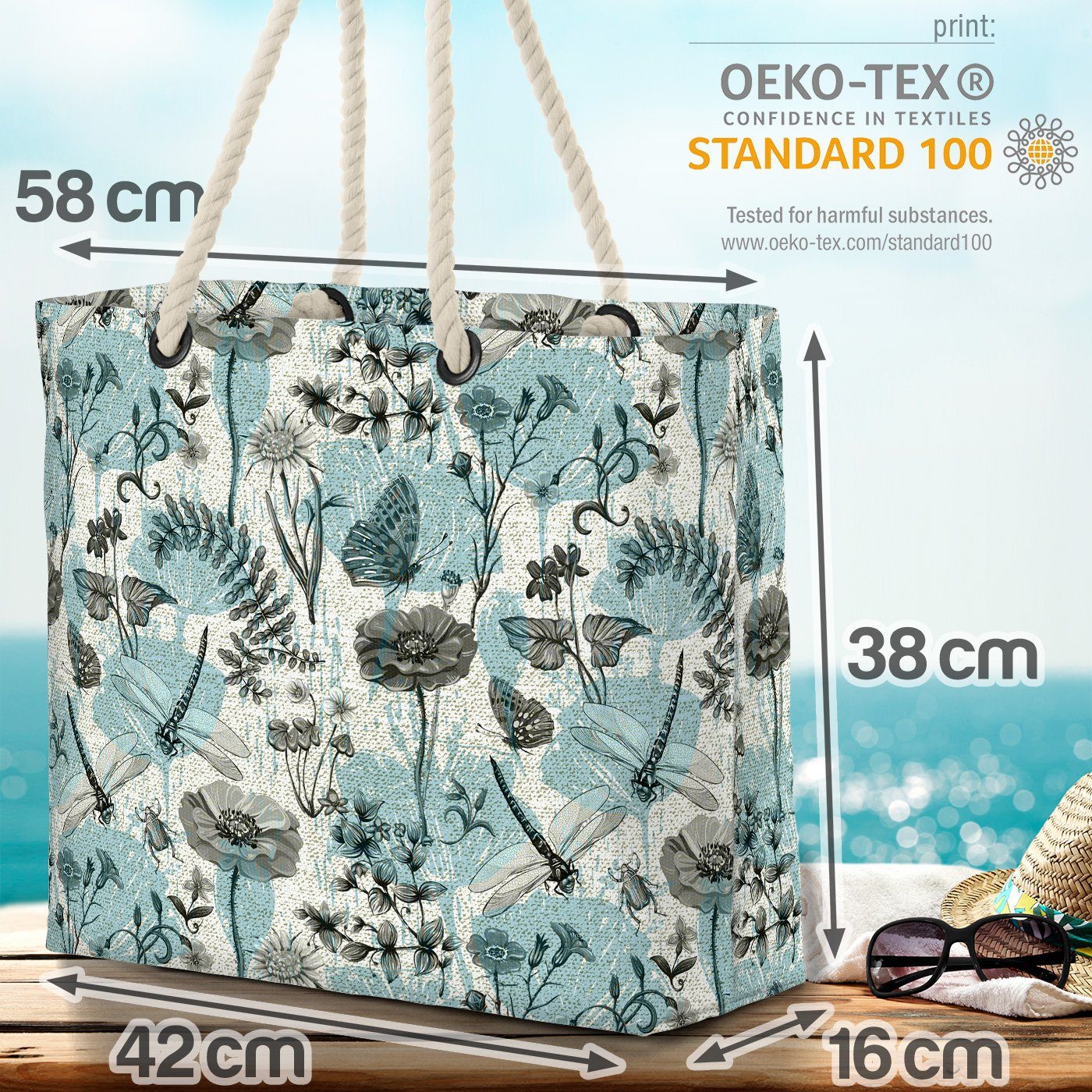 VOID Strandtasche (1-tlg), Botanik Insekten Pflanzen Grafik Natur Teich Libelle Blätter Blumen B