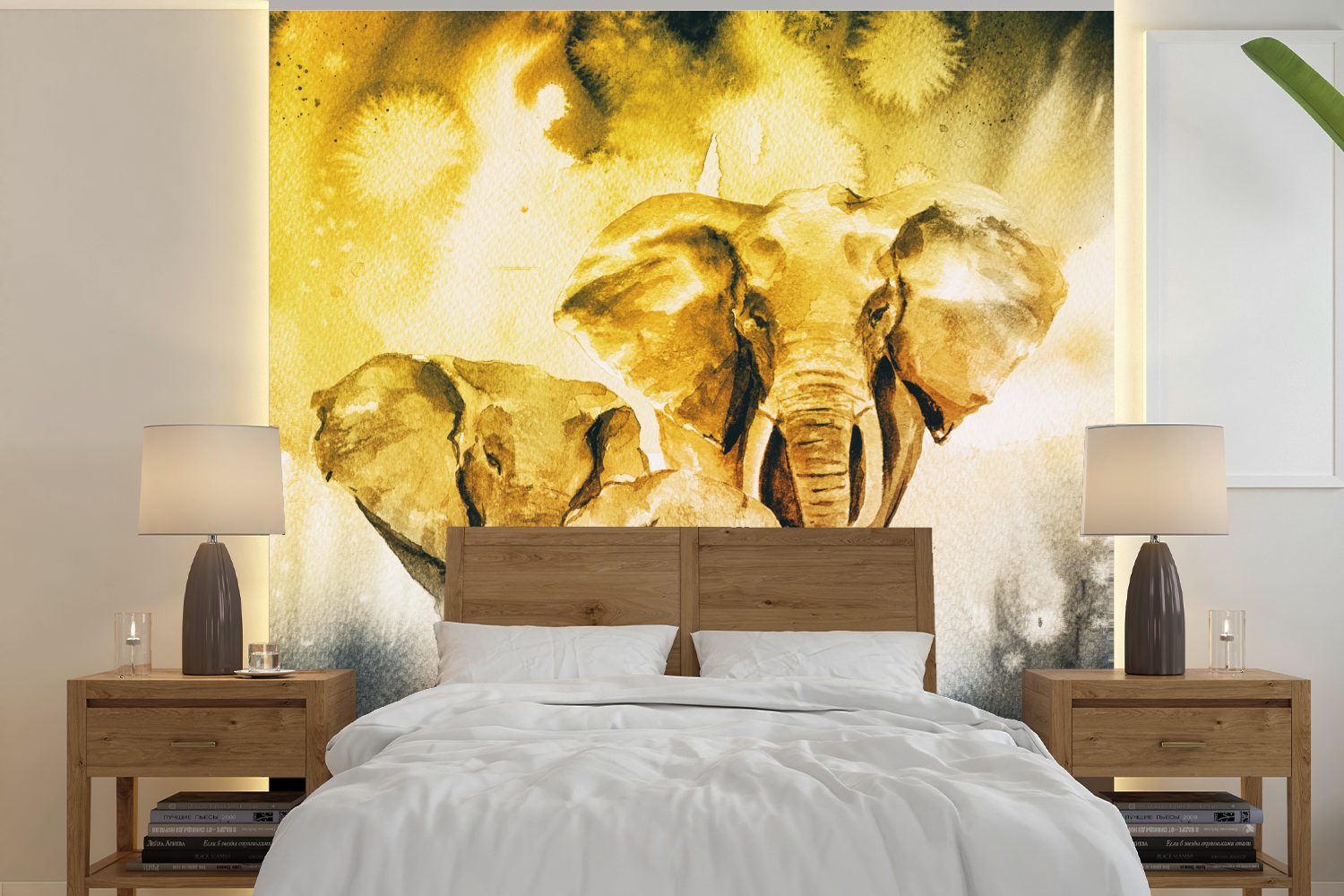 MuchoWow Fototapete Elefant - Familie - Aquarell, Matt, bedruckt, (5 St), Vinyl Tapete für Wohnzimmer oder Schlafzimmer, Wandtapete