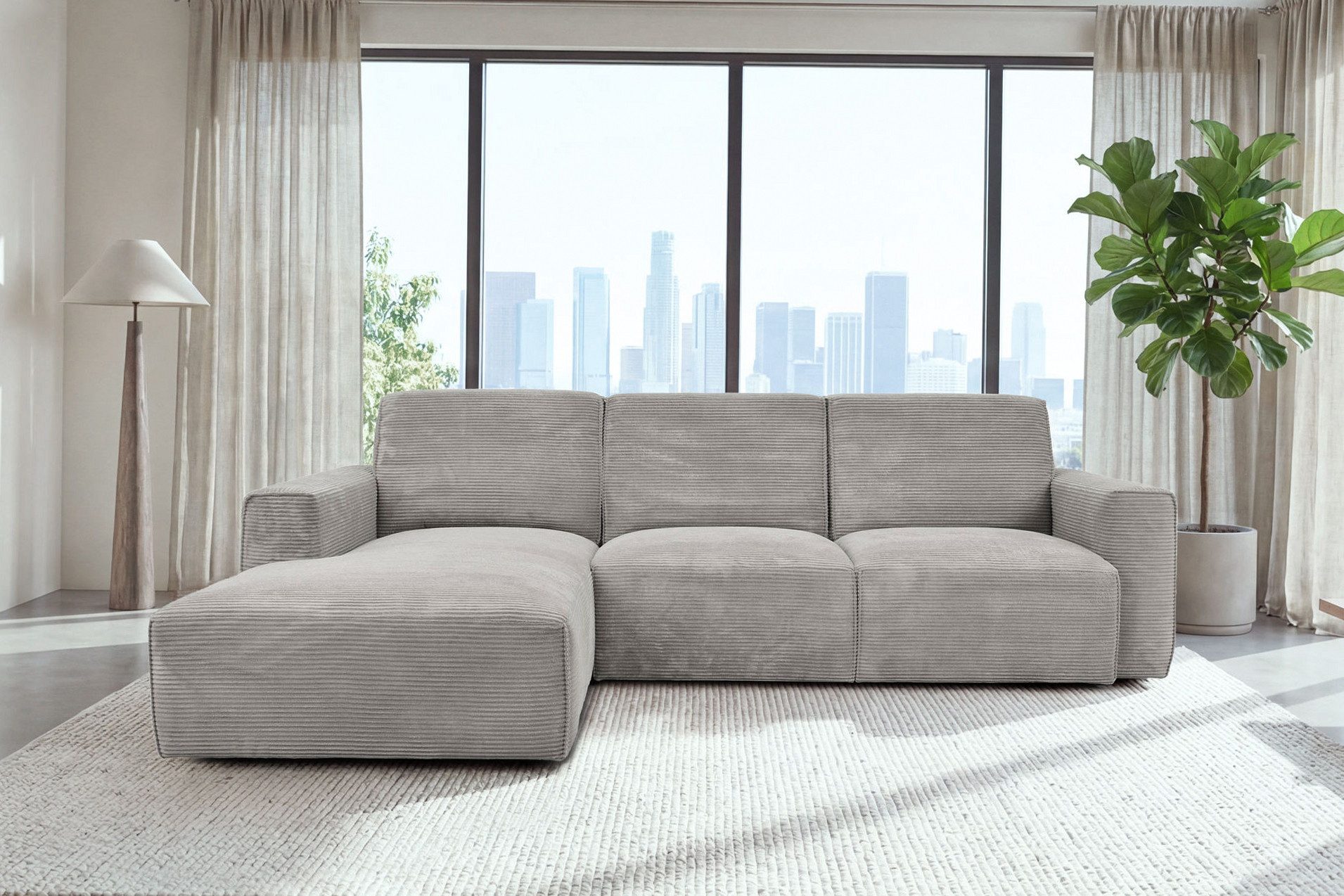 Hygger Möbelhaus Ecksofa Rio Ecksofa L-Form Cord XXL Big Sofa Wohnzimmer Modern, Wellenunterfederung, Cordstoff 90000 Scheuertouren, Made in Europe, Polsterecke L Form inkl. Ottomane Couch Groß Bequem Design
