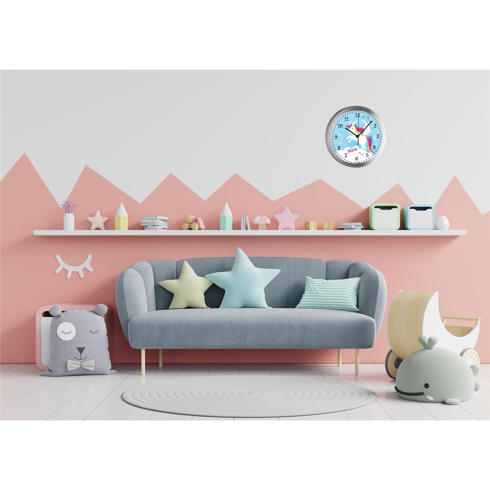 personalisiert Kinder CreaDesign Funkwanduhr Einhorn Wanduhr Kinderzimmer blau