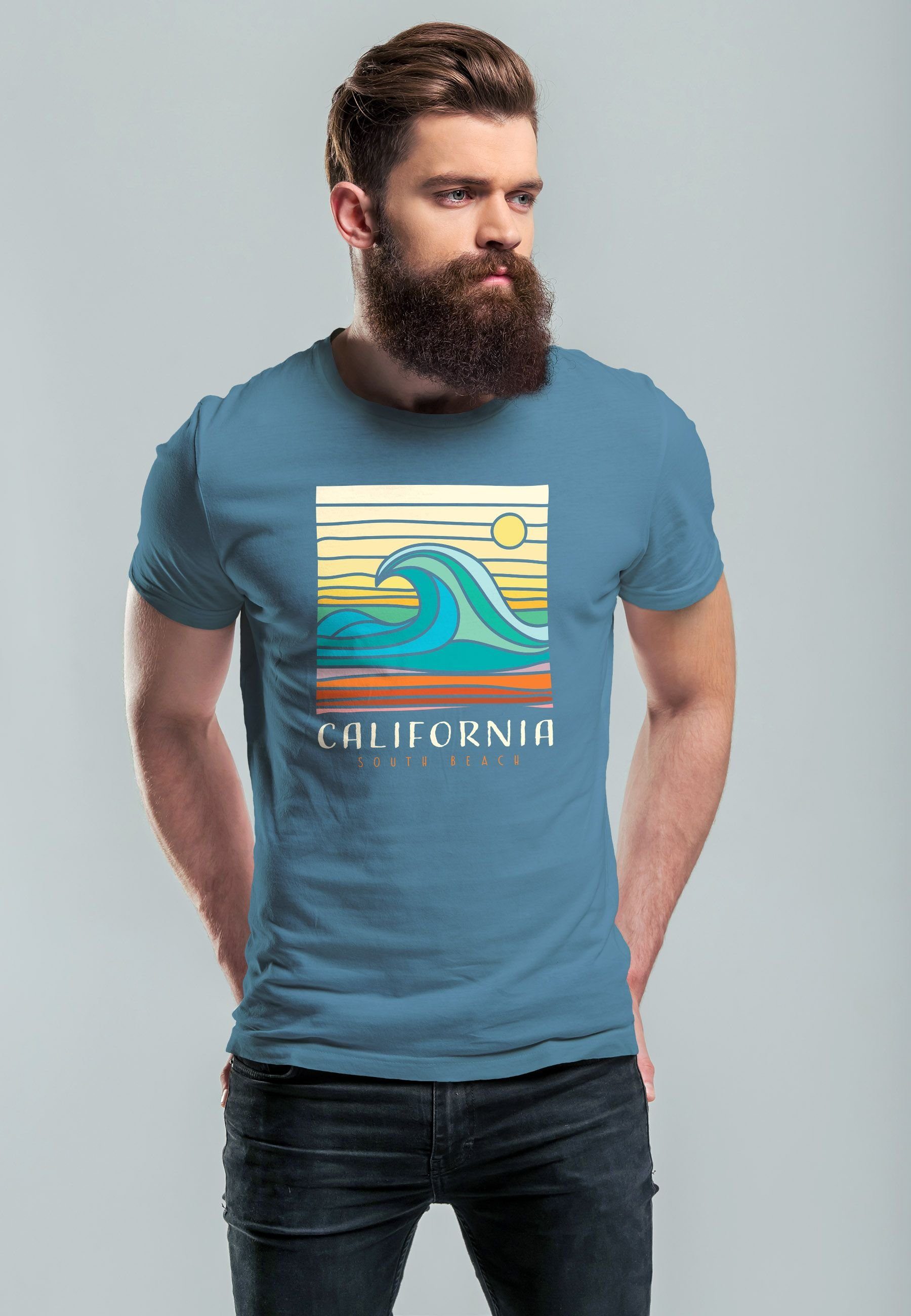 Neverless Print-Shirt Herren Welle mit Wave T-Shirt Beach Aufdruc stone Surfing blue Print California South Print