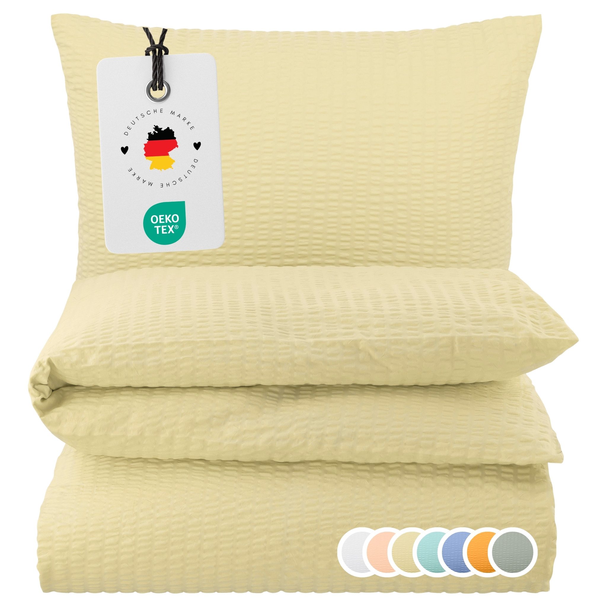 Carpe Sonno Bettwäsche Seersucker 135 x 200 155 x 220 Bügelfrei Sommer Uni 100% Baumwolle, Seersucker, 2 teilig, Leicht kühlender Bettbezug Reißverschluss & OEKO-TEX Creme 135x200