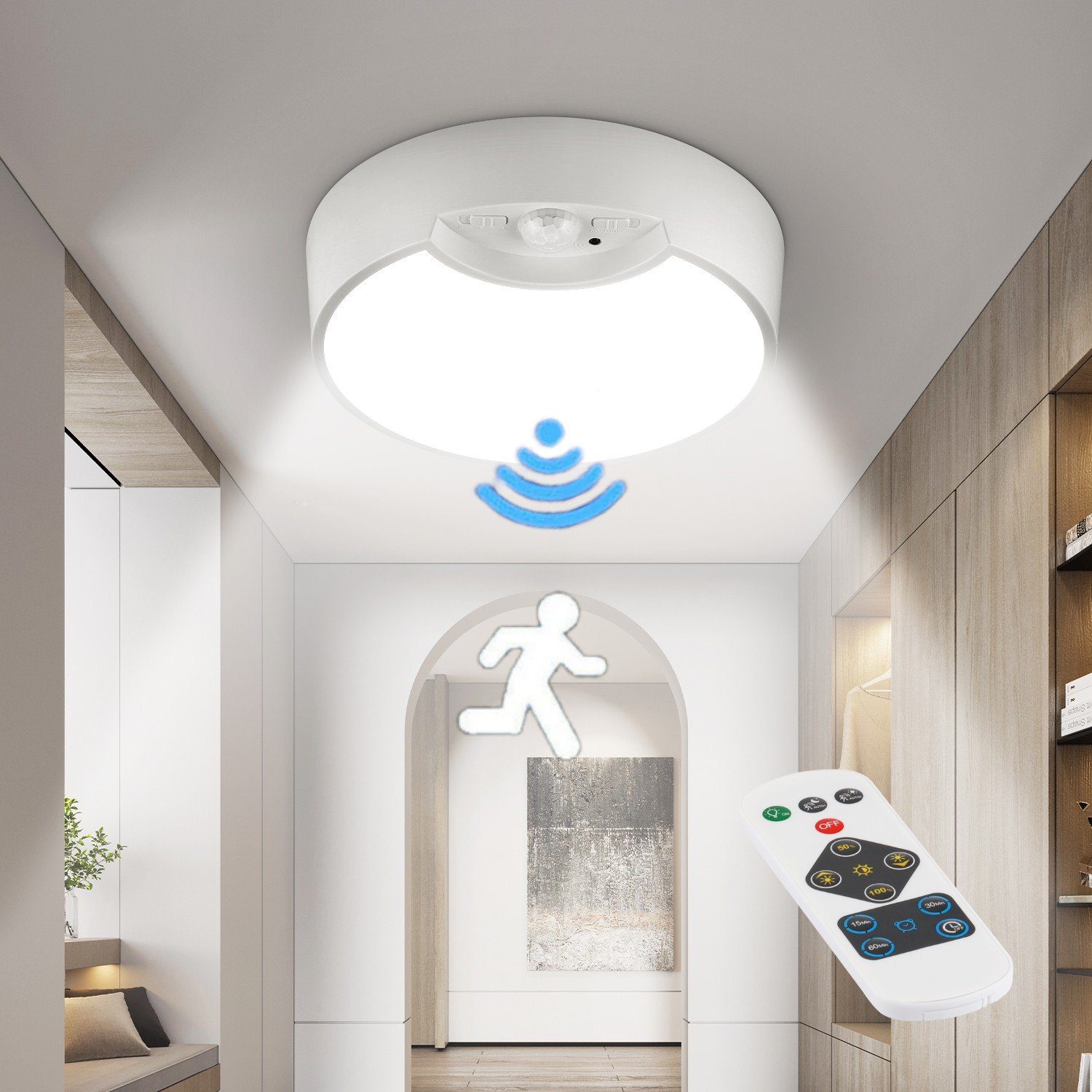 OULENBIYAR Deckenleuchte LED Deckenleuchte mit 2 Modi Bewegungsmelder Batteriebetrieben 400LM, LED fest integriert, Kaltweiß, Deckenlampe Bewegungssensor für Innen, für Flur Küche Garage, φ20cm