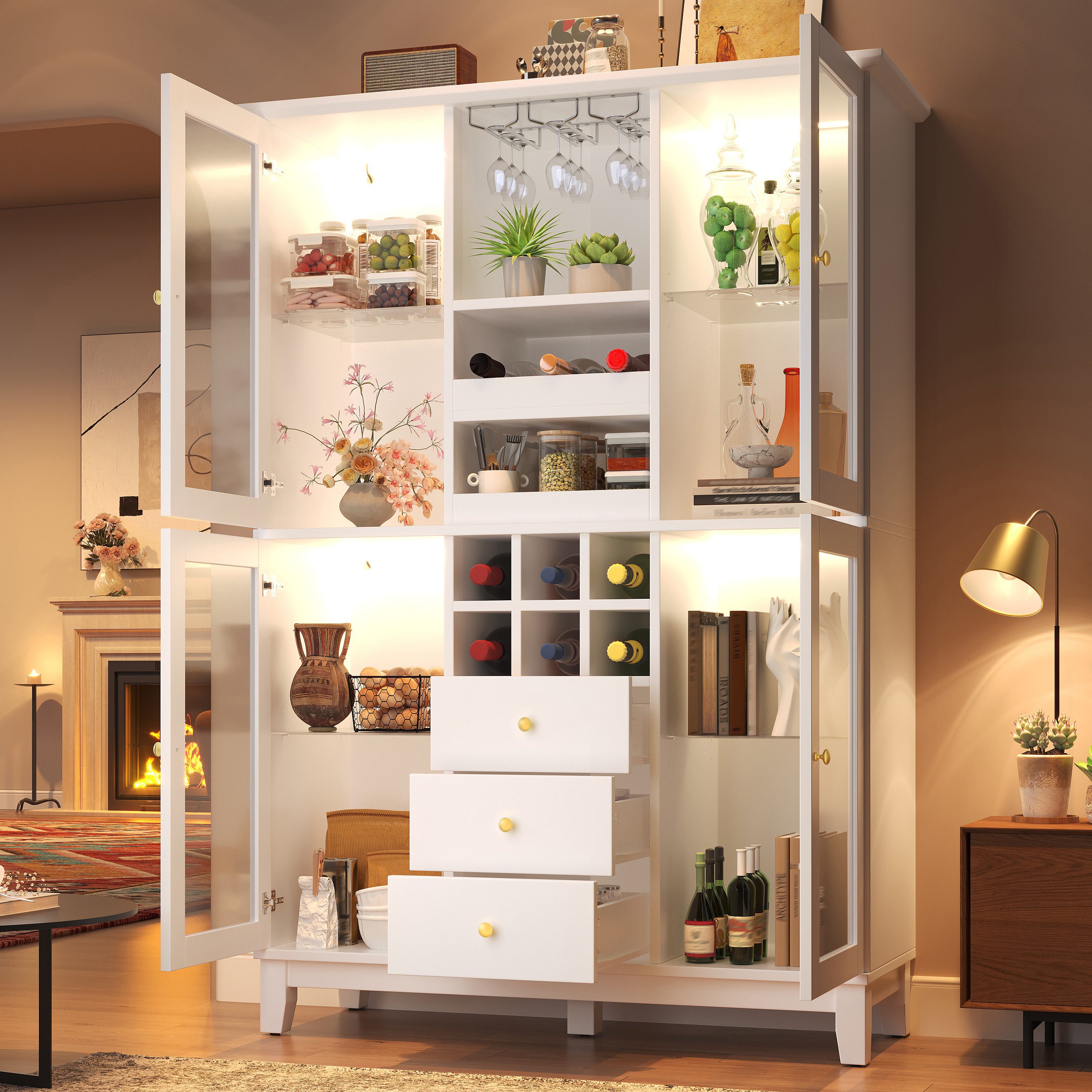 TavilaEcon Weinschrank mit App-gesteuerter LED-Beleuchtung & 3 Schubladen (1-St) mit Weinglas- & Flaschenhalter, Schwarz/Weiß