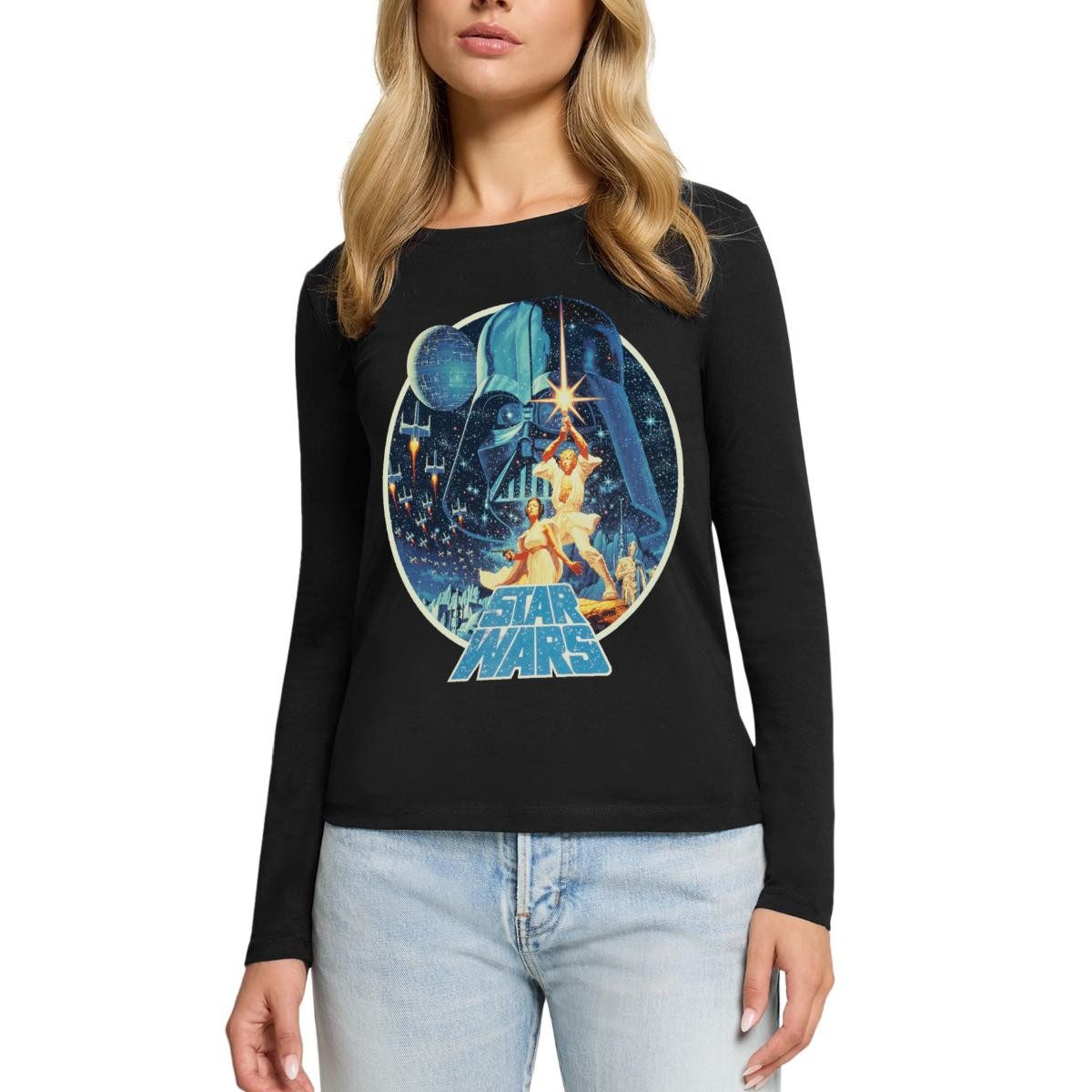 Spreadshirt T-Shirt Star Wars Galaxie Mit Ikonischen Charakteren Premium Langarmshirt Dame (1-tlg)