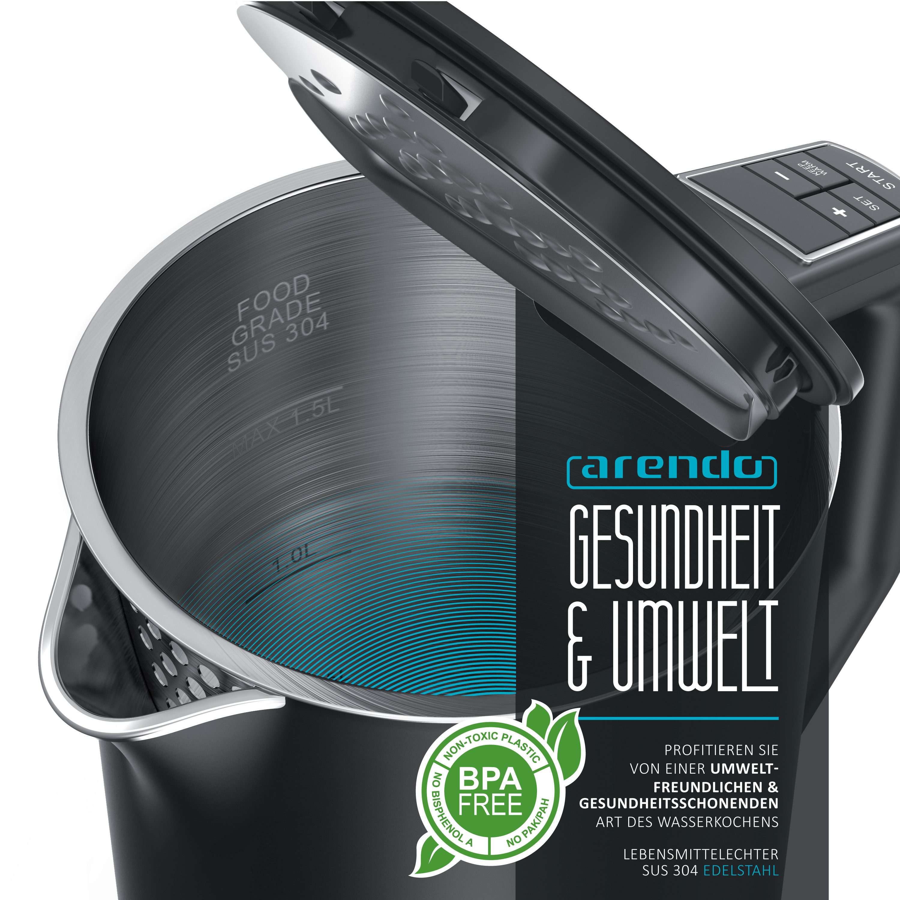 Arendo Wasserkocher aus Edelstahl, Temperatureinstellung 40°–100°C mit Anzeige, Doppelwand, 1,5 l, 2200 W, Teekocher mit Temperaturanzeige, in 5 °C-Schritten einstellbar