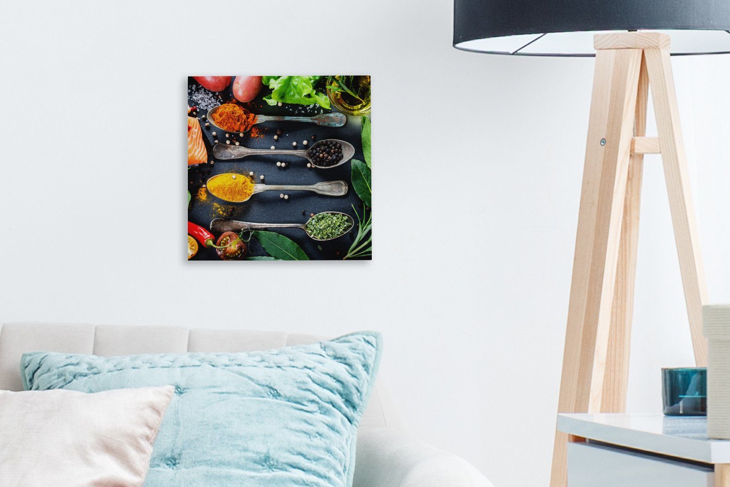 OneMillionCanvasses® Leinwandbild Kräuter - Löffel - Küche - Gewürze, Fotodruck (1 St), Wandbild, Deko Schlafzimmer Wohnzimmer Flur 20x20 cm