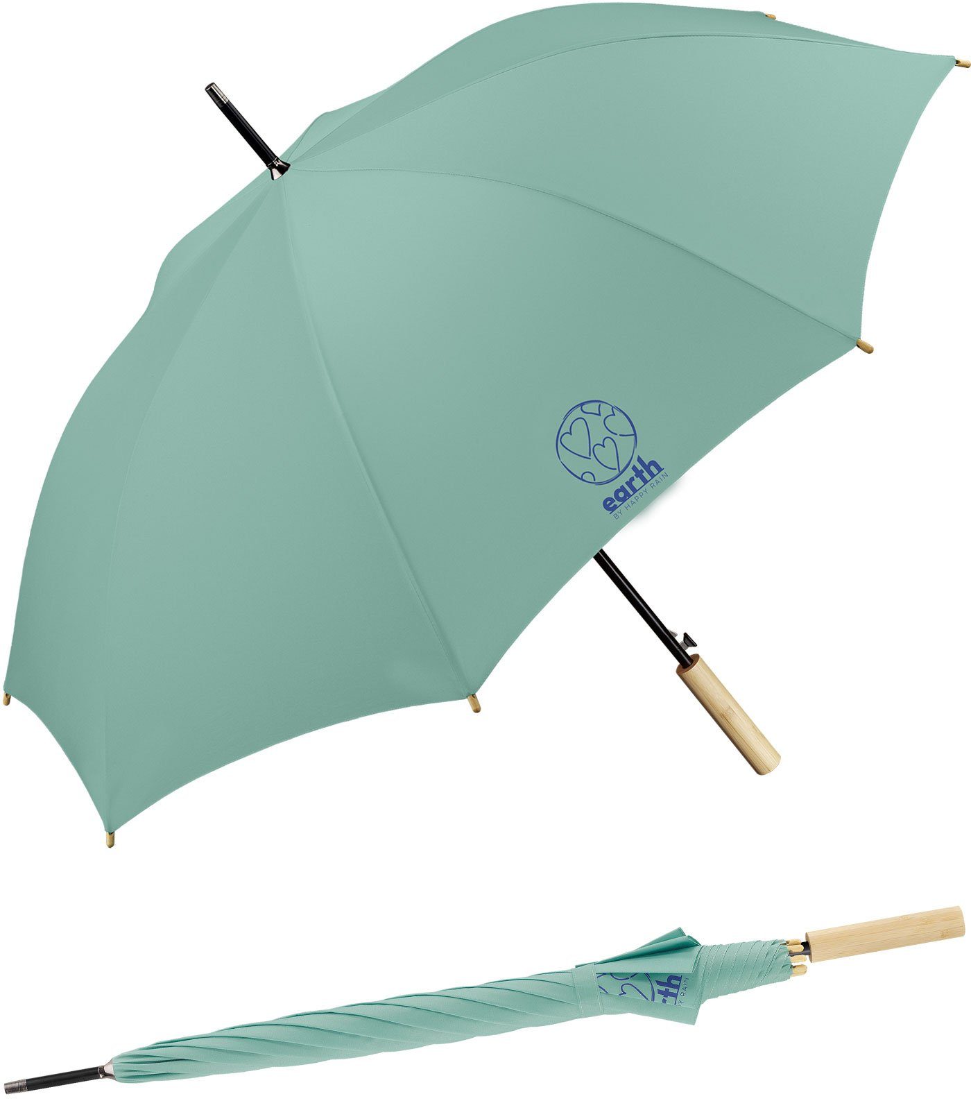 HAPPY RAIN Langregenschirm Earth - nachhaltiger Schirm mit Auf-Automatik, gut geschützt etwas für die Umwelt tun türkis