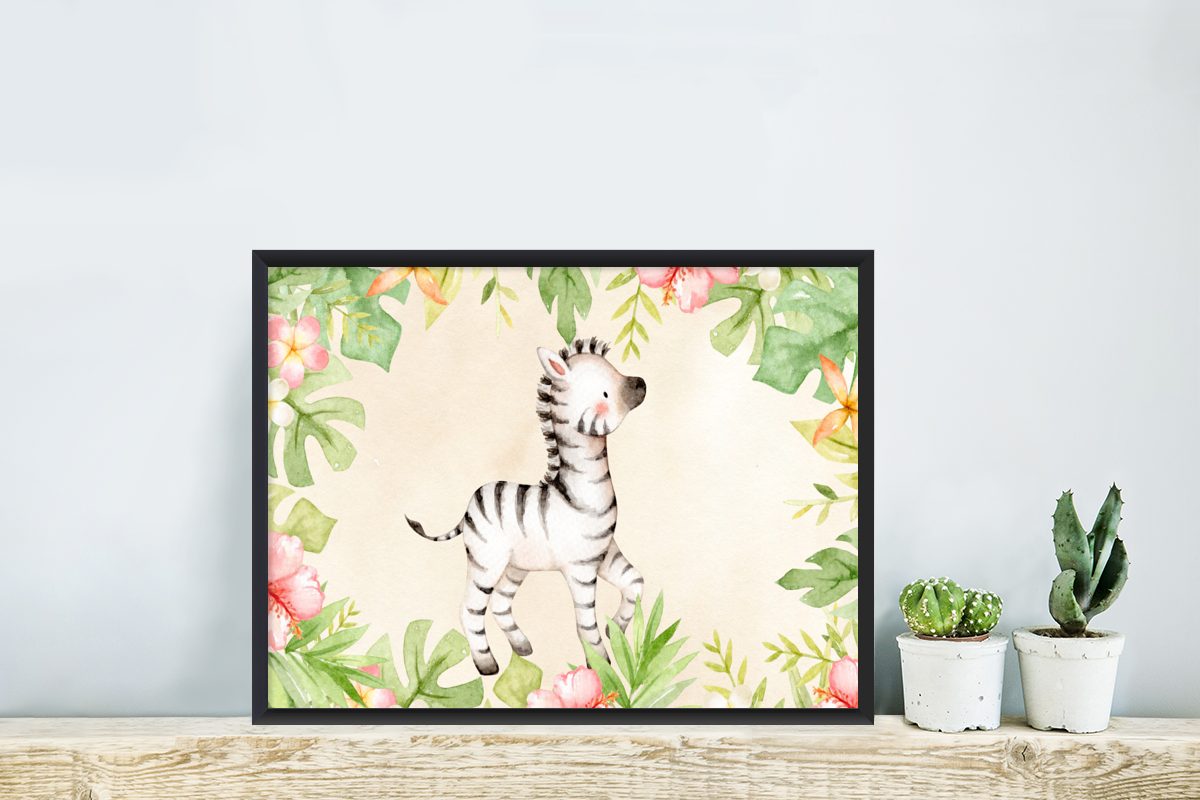 MuchoWow Poster Zebra - Gerahmtes Aquarell, Bilderrahmen Schwarzem Wanddeko, - Wandposter, St), (1 Bilder, Dschungel Poster