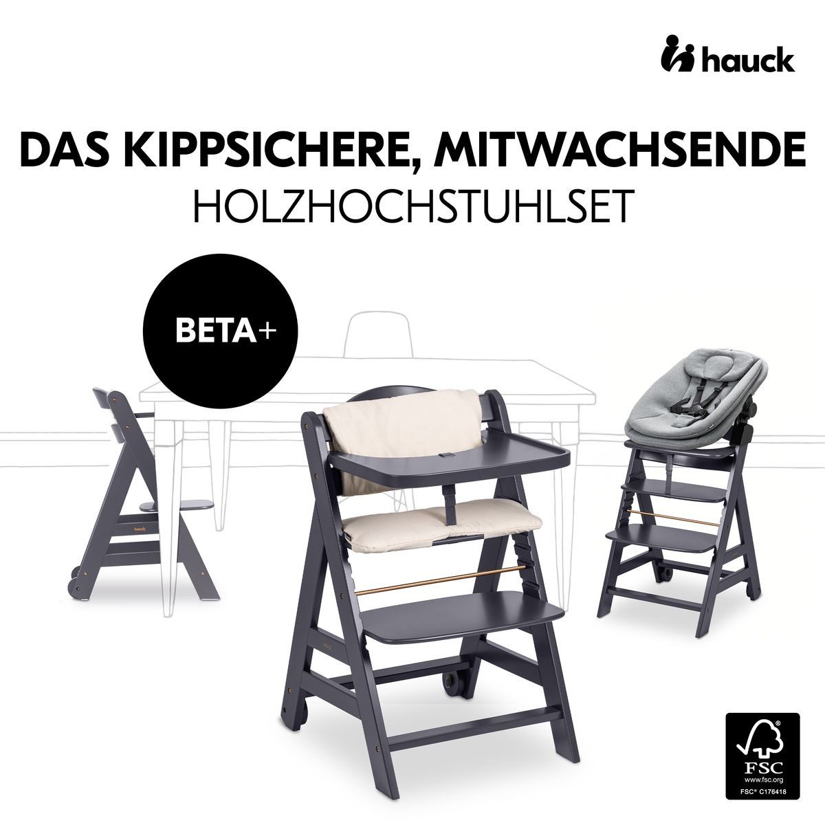 Hauck Hochstuhl Beta Plus Dark Grey Newborn Set 3in1 Bouncer (Set), Holz Babystuhl ab Geburt mit Neugeborenensufsatz, Sitzkissen, Essbrett