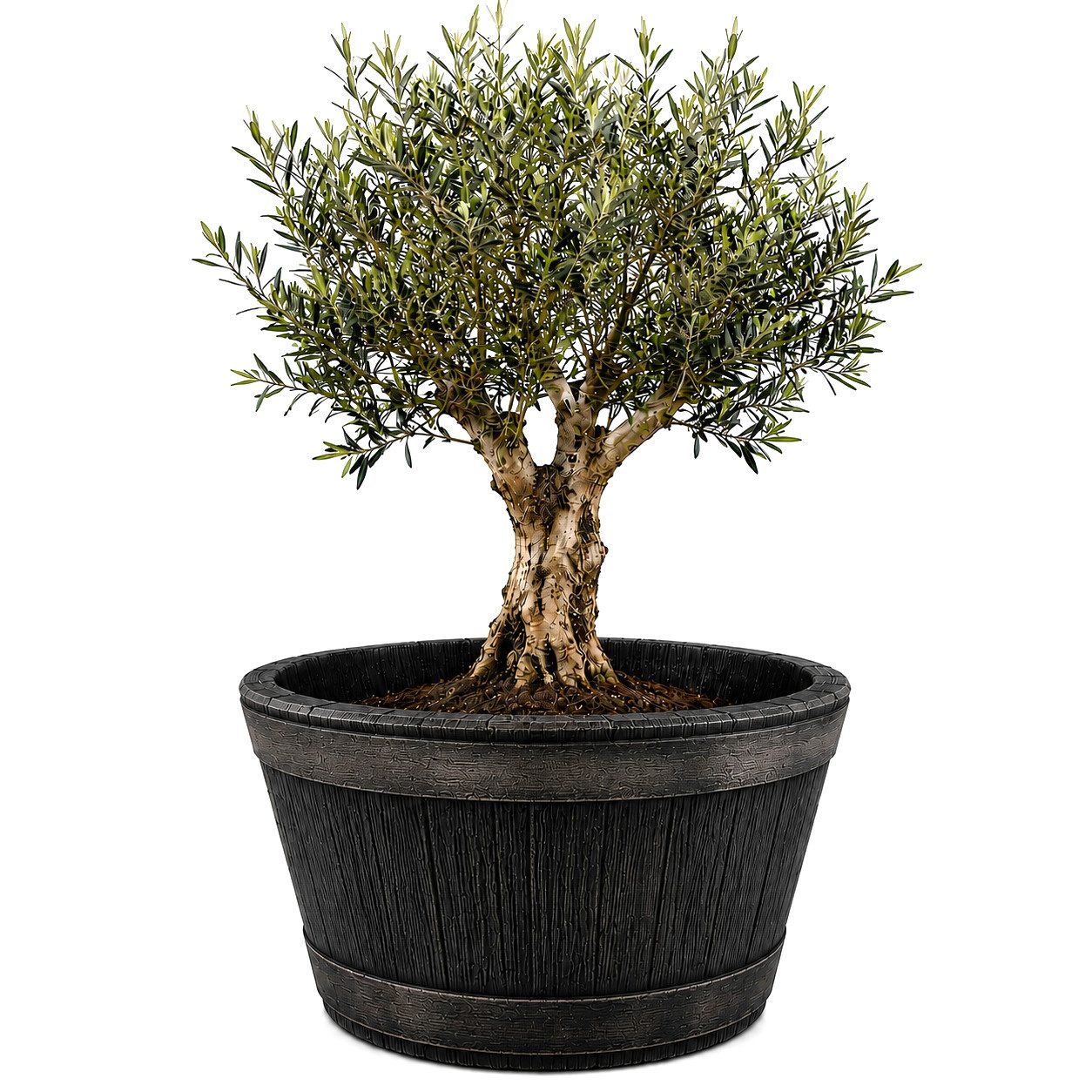 BigDean Blumentopf Weinfass XL Eichenfass-Optik Pflanzkübel Miniteich Bottich 90L 63cm, Täuschend echte Metallbeschläge, Made in Europa