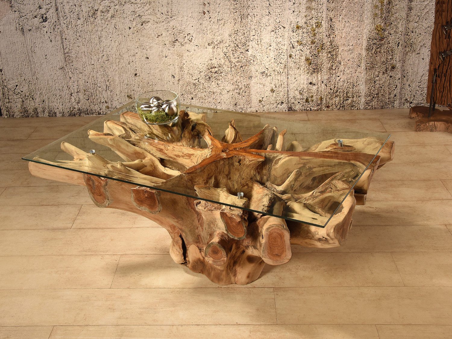 Bambus-Lounge Couchtisch Couchtisch Amazonas mit Glasplatte aus Teak-Wurzel günstig online kaufen