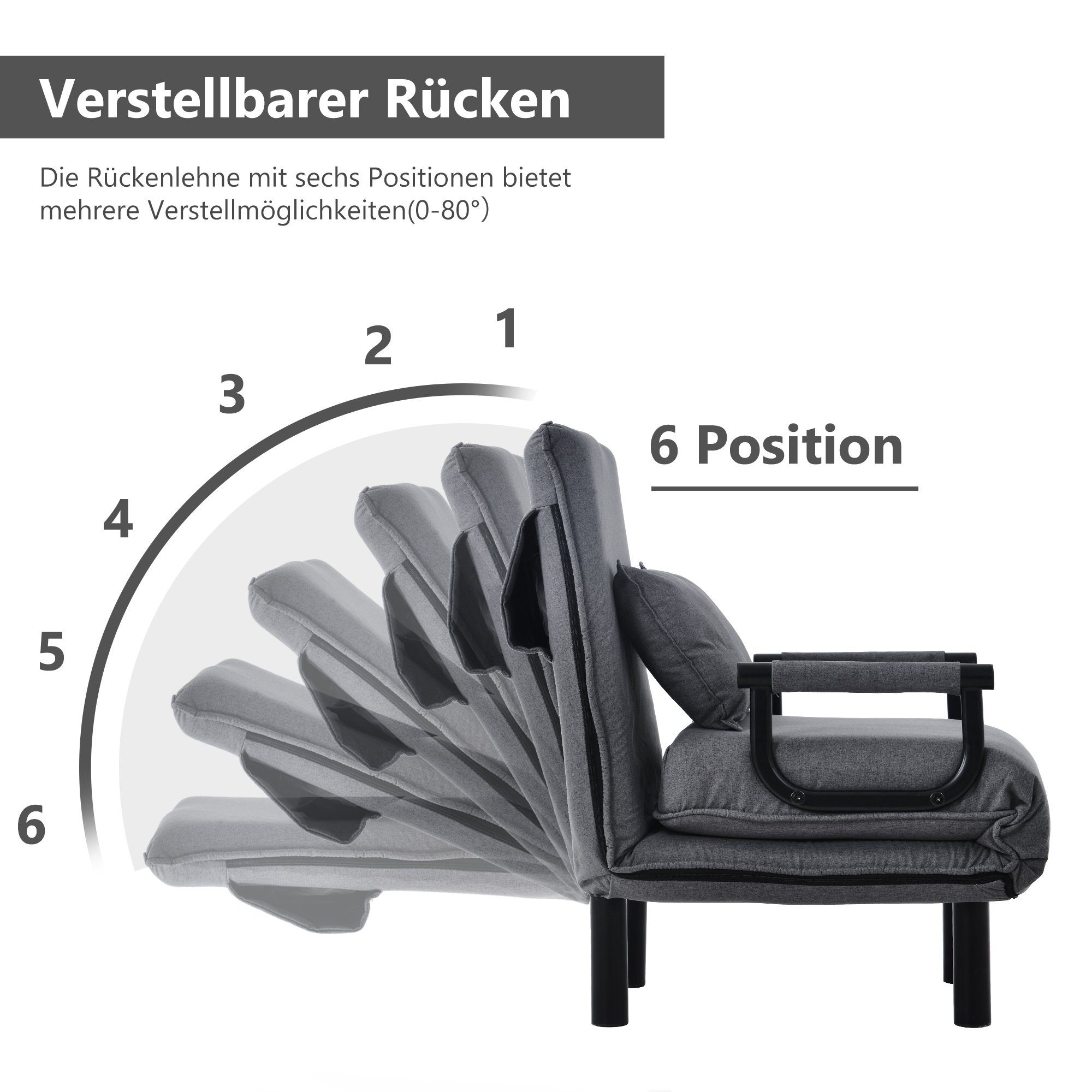 Daybett (Relaxsessel Sessel mit Schlaffunktion und Liegefunktion), Schlafsessel mit Armlehnen und Kissen, abnehmbarer Bezug aus Leinen