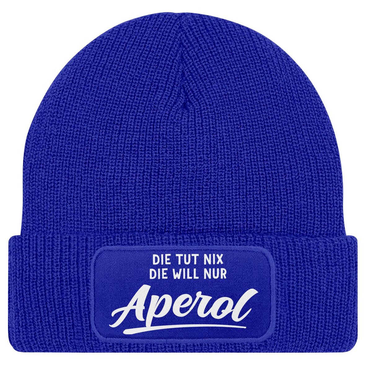 MoonWorks Strickmütze Damen Beanie mit Patch Strickmütze mit Spruch Lieblingsgetränk Party