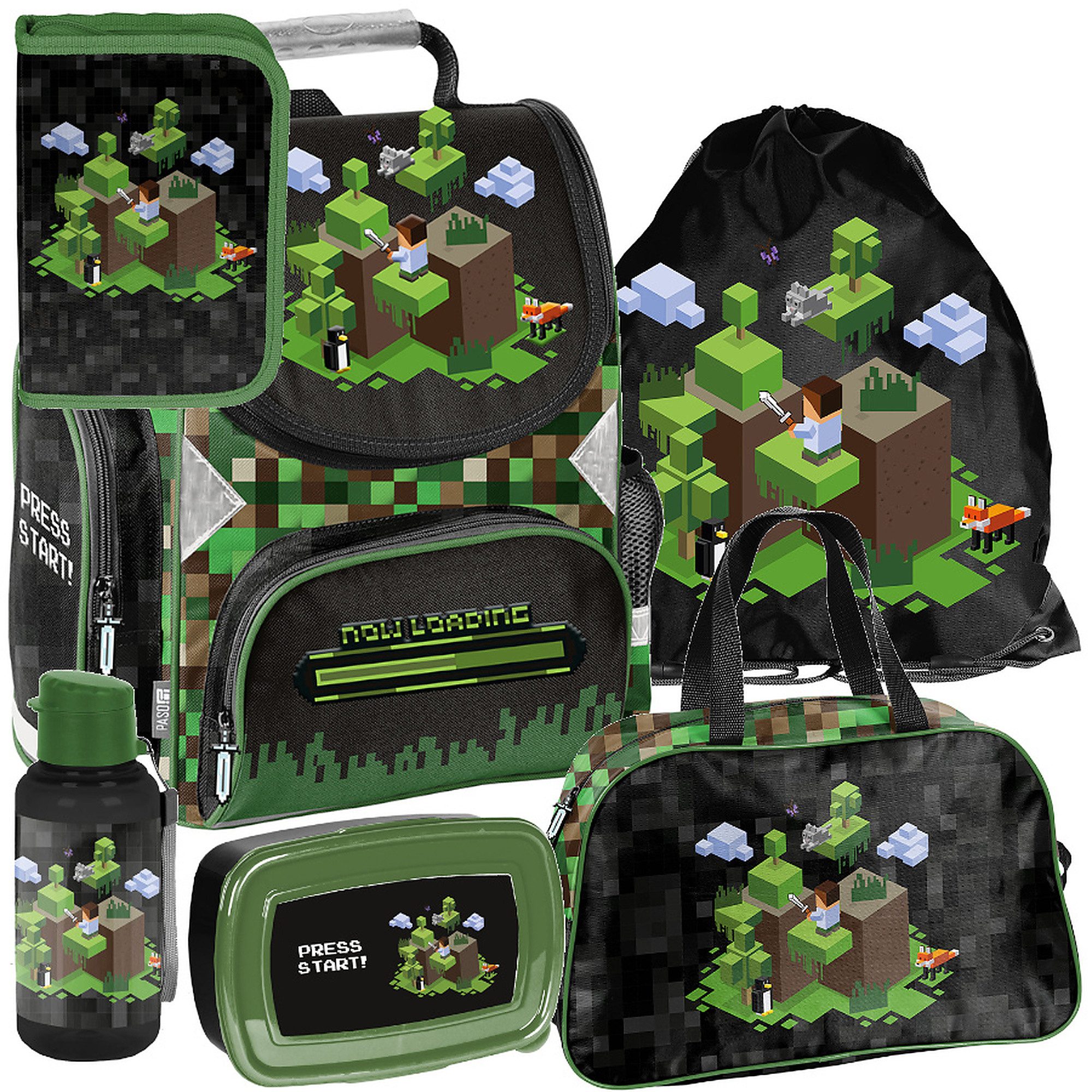 PASO Schulrucksack Mega-Set Pixel Game Schulset 6-tlg. (Rucksack + Turnbeutel + Federmäppchen + Lunchbox + Trinkflasche + Sporttasche, 6-tlg)