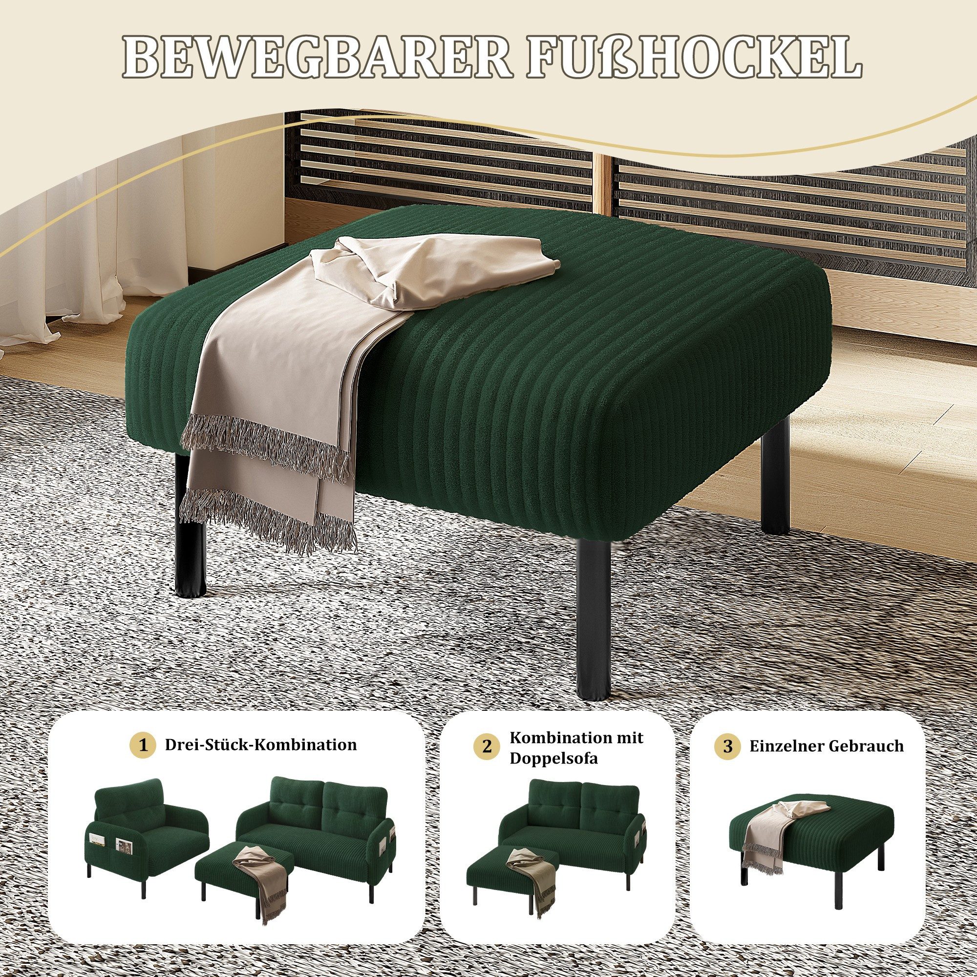 BlingBin Polsterhocker Sitzhocker, Cord-Stoff Hocker mit Metallgestell (Fußhocker, 1 St., 56 × 51 × 39 cm), Vielseitig als Fußbank, Sitzhocker oder Beistelltisch nutzbar