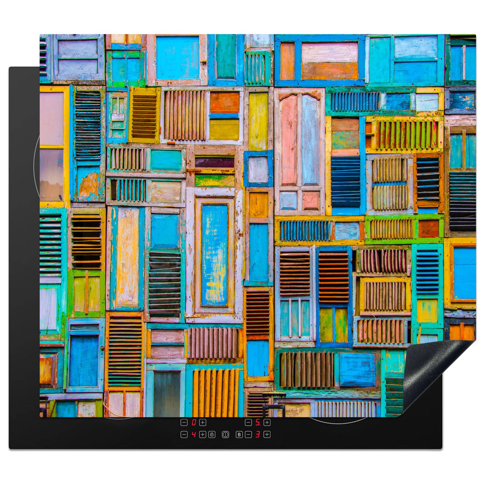 60x52 nutzbar, - Architektur Abstrakt Arbeitsfläche - - (1 Blau MuchoWow tlg), Herdblende-/Abdeckplatte Türen cm, Vinyl, Ceranfeldabdeckung Neon, - Mobile
