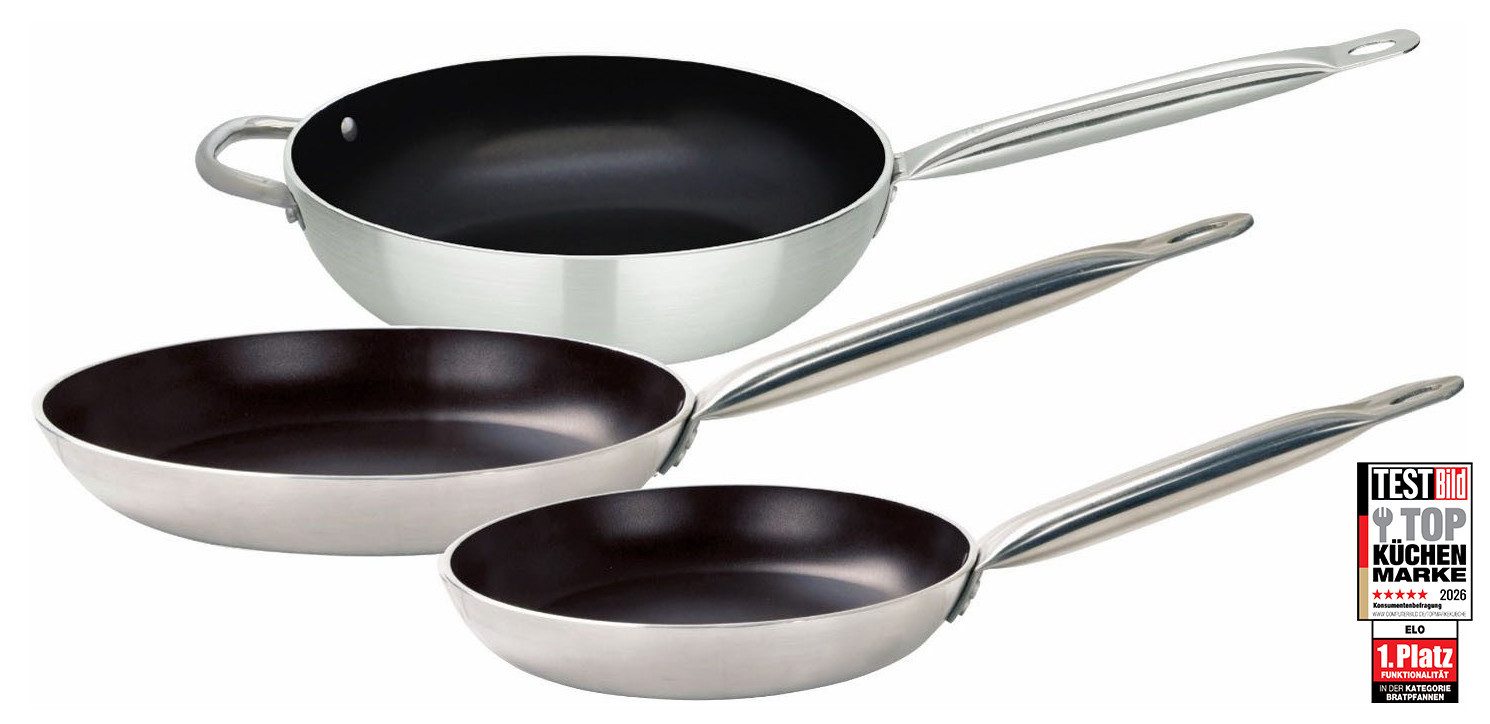 Elo Pfannen-Set Bistro Line 3 teilig, Aluminium (Set, 3-tlg., je 1 Bratpfanne Ø 24/28 cm, 1 Wok Ø 28 cm), Induktion