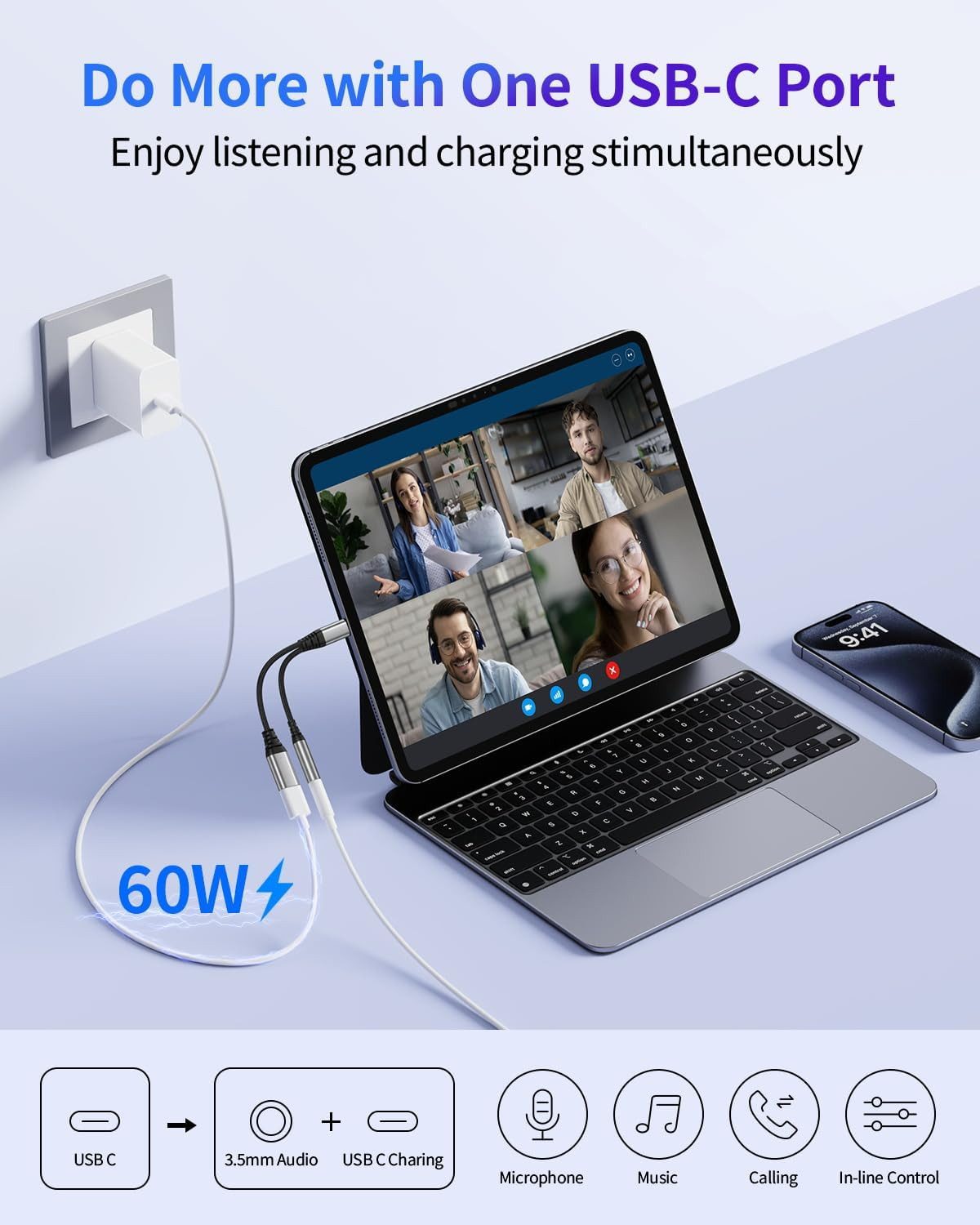 Forrlite USB C Splitter 1 zu 2, USBC Verteiler Doppelstecker Audio-Adapter USB C zu Schnellladung Aux Audio für iPhone 15 16 Samsung S25 S24 Type C Devices(Silber) zu 2 in 1 Typ C auf 3.5mm Kopfhörer Adapter mit PD 60W Schnellladung