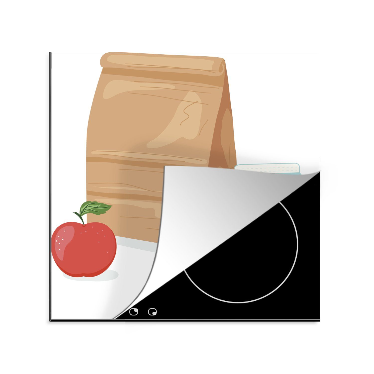 MuchoWow Herdblende-/Abdeckplatte Eine Cartoon-Illustration einer Tasche mit Mittagessen, Vinyl, (1 tlg), 78x78 cm, Ceranfeldabdeckung, Arbeitsplatte für küche
