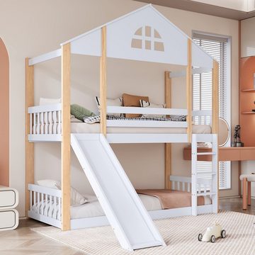Sweiko Etagenbett (Kinderbett mit Rausfallschutz und oberem Lattenrost), Hausbett mit Rutsche und Leiter, 90*200cm