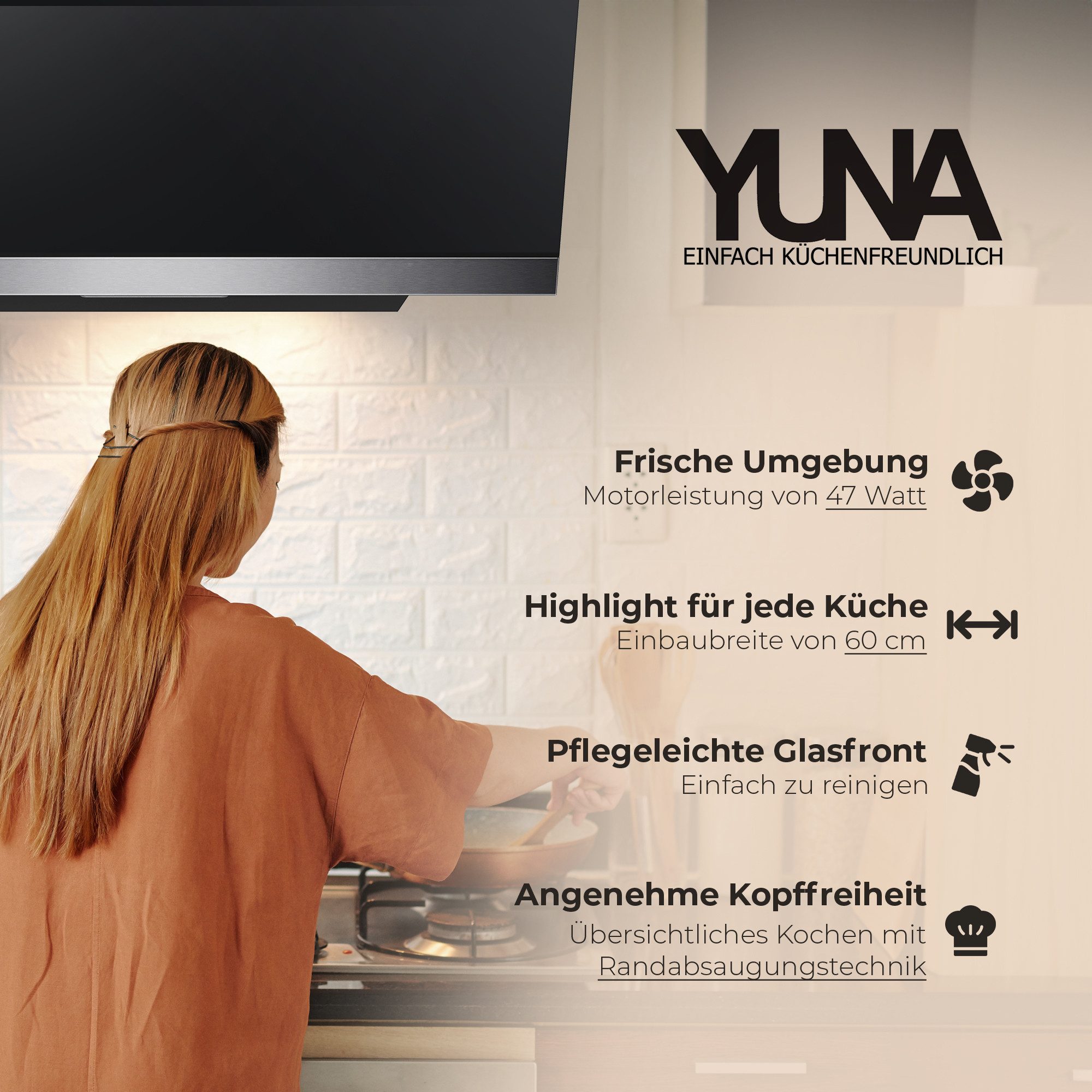 YUNA Kopffreihaube Dunstabzugshaube DULCIA Schräghaube Wandhaube Glasfront 3 Stufen Dunstabzugshaube DULCIA Schräghaube Wandhaube Glasfront 3 Stufen, 60cm breit, LED-Beleuchtung, Abluft & Umluft, schwarz