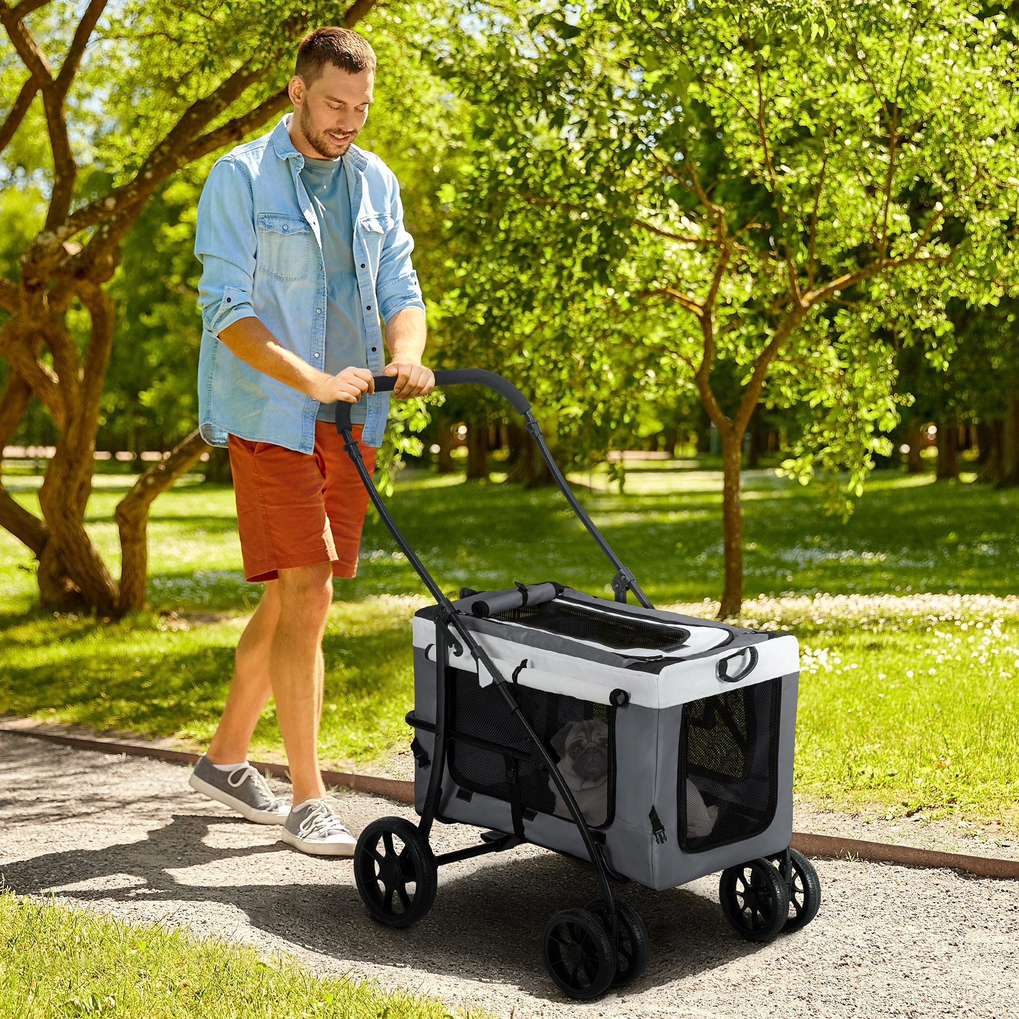 PawHut Hundebuggy Hundewagen Katzenbuggy klappbar mit Kissen Netzfenstern Türen, (1-tlg), für kleine und Miniaturhunde, Oxford, Grau von PawHut