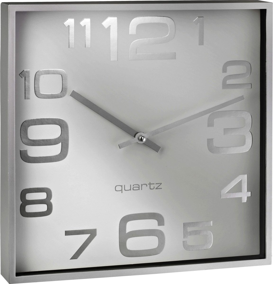 Uhr Wanduhr quadartisch Kunststoff 28,3x28,3cm silber/weiß.