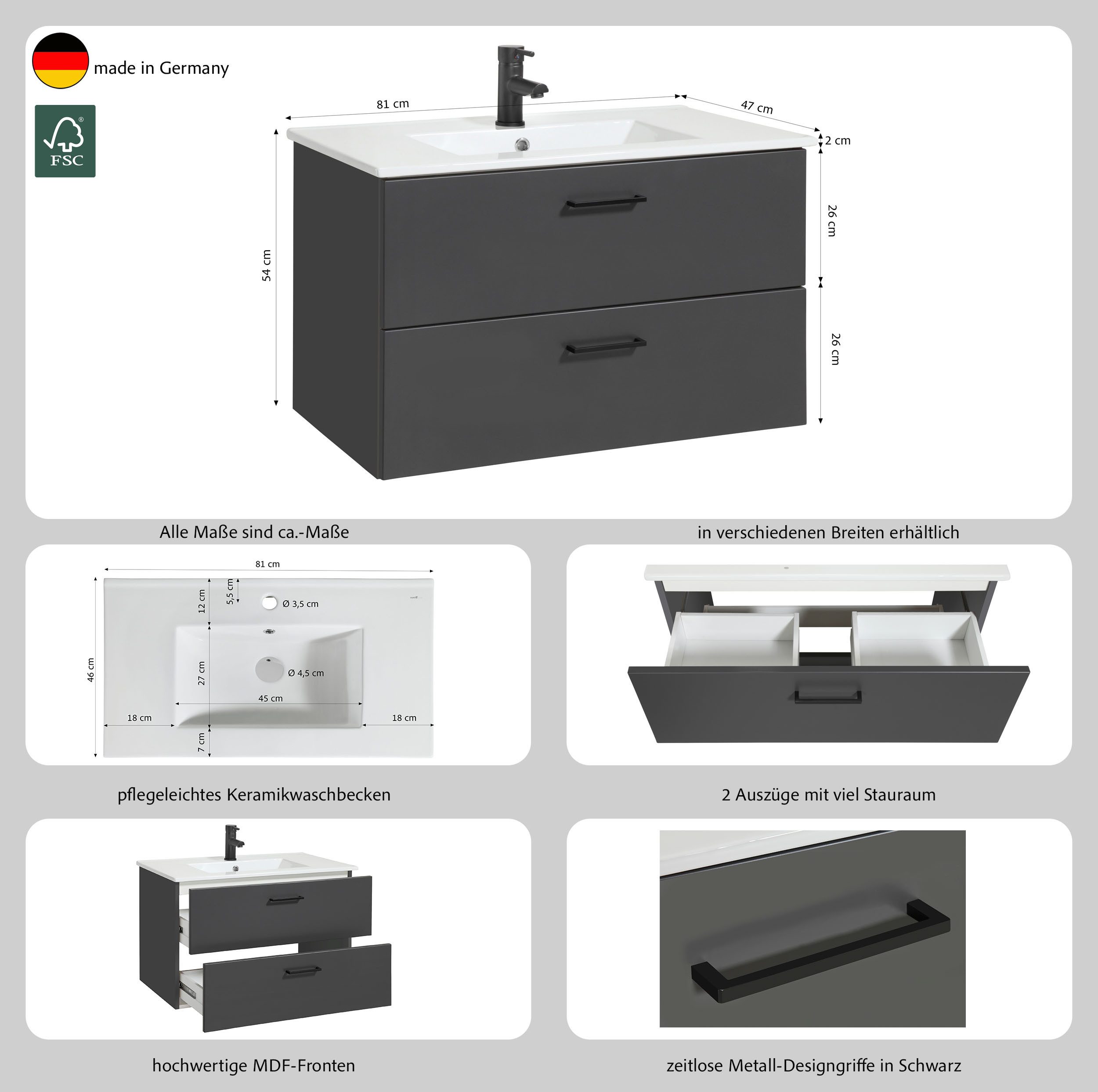 welltime Waschtisch Trento Badezimmerschrank mit Becken, Badmöbel in Breite 80 cm, Waschplatz mit 2 Schubladen, Badschrank