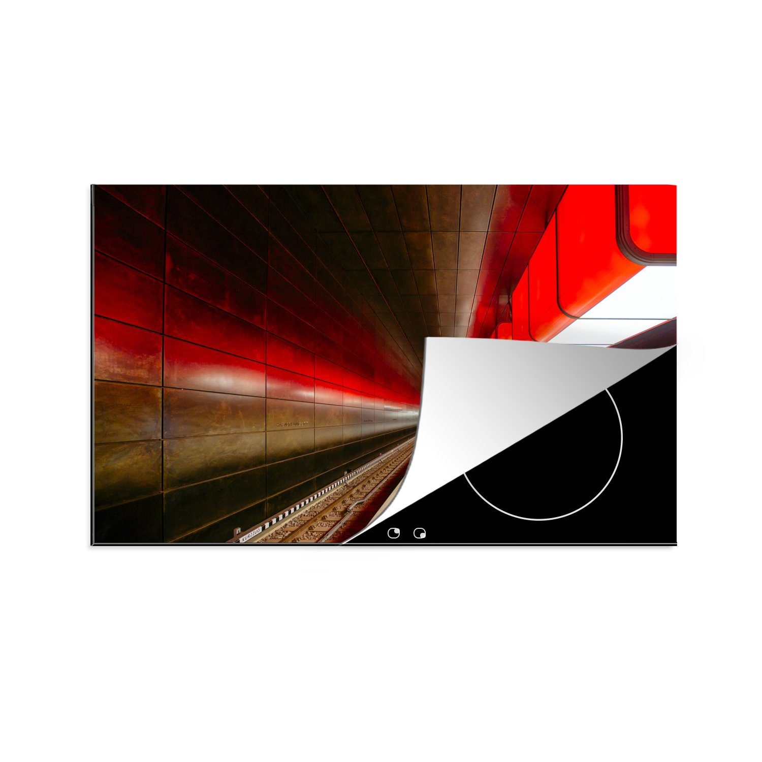 MuchoWow Herdblende-/Abdeckplatte Beleuchteter U-Bahnhof in Hamburg, Vinyl, (1 tlg), 81x52 cm, Induktionskochfeld Schutz für die küche, Ceranfeldabdeckung