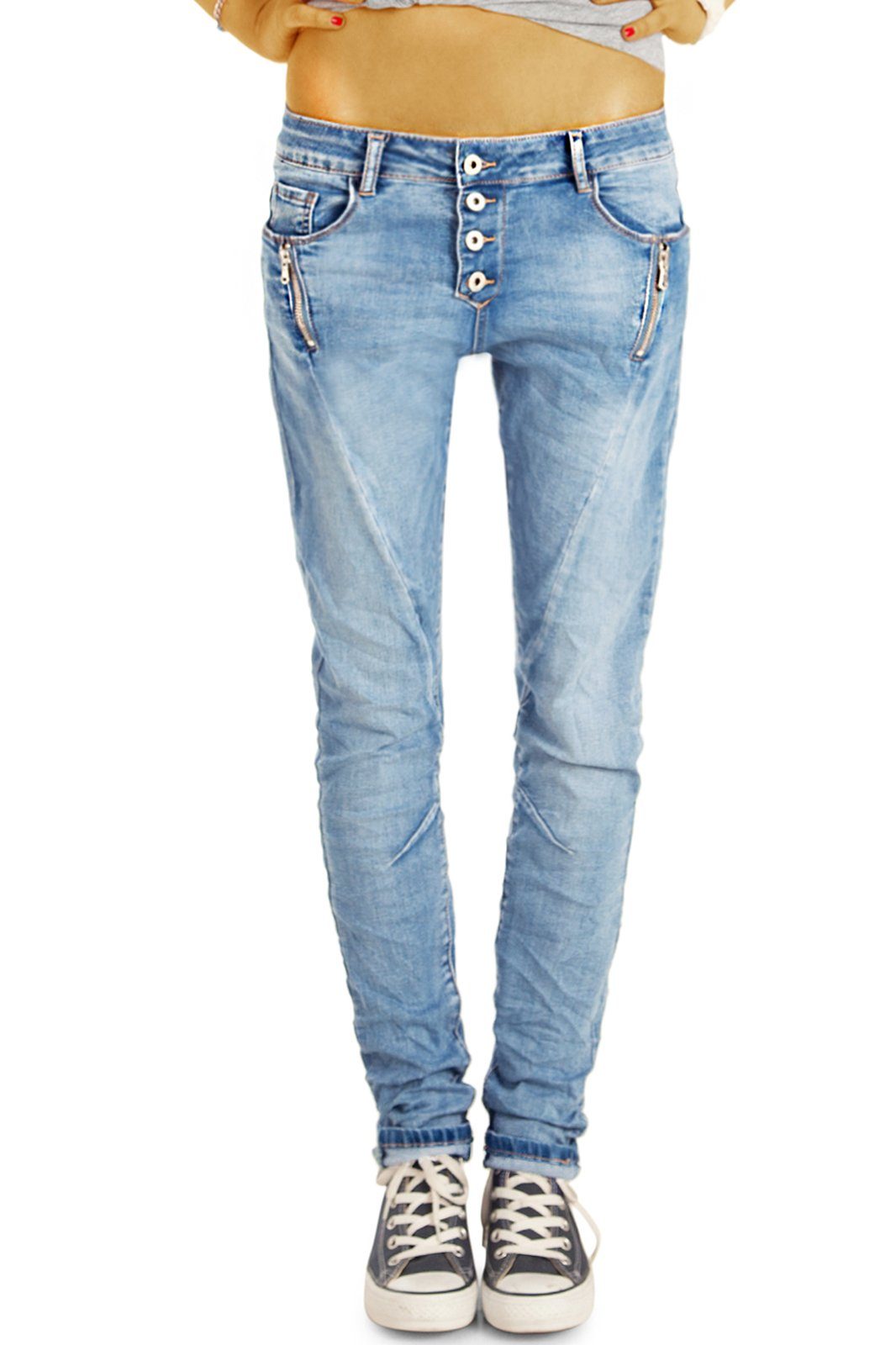 j6i mit Hosen Knopfleiste blau baggy be Relax-fit-Jeans tapered Damenjeans, styled