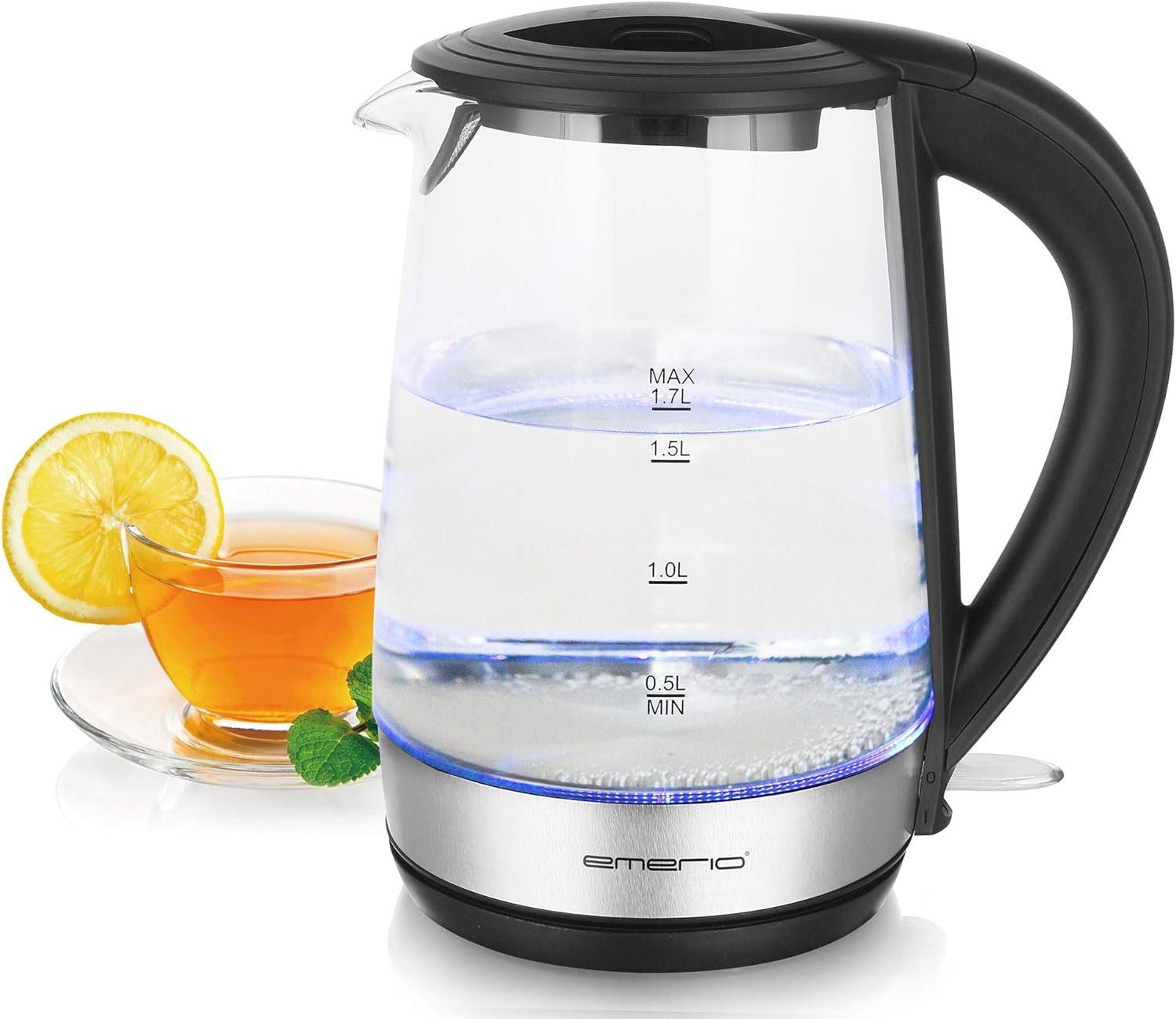 1,7 Wasserkocher, l, BPA 2200 Glas Watt Wasserkocher bestes W, 2200,00 Emerio 1.7L, frei, Borosilikatglas